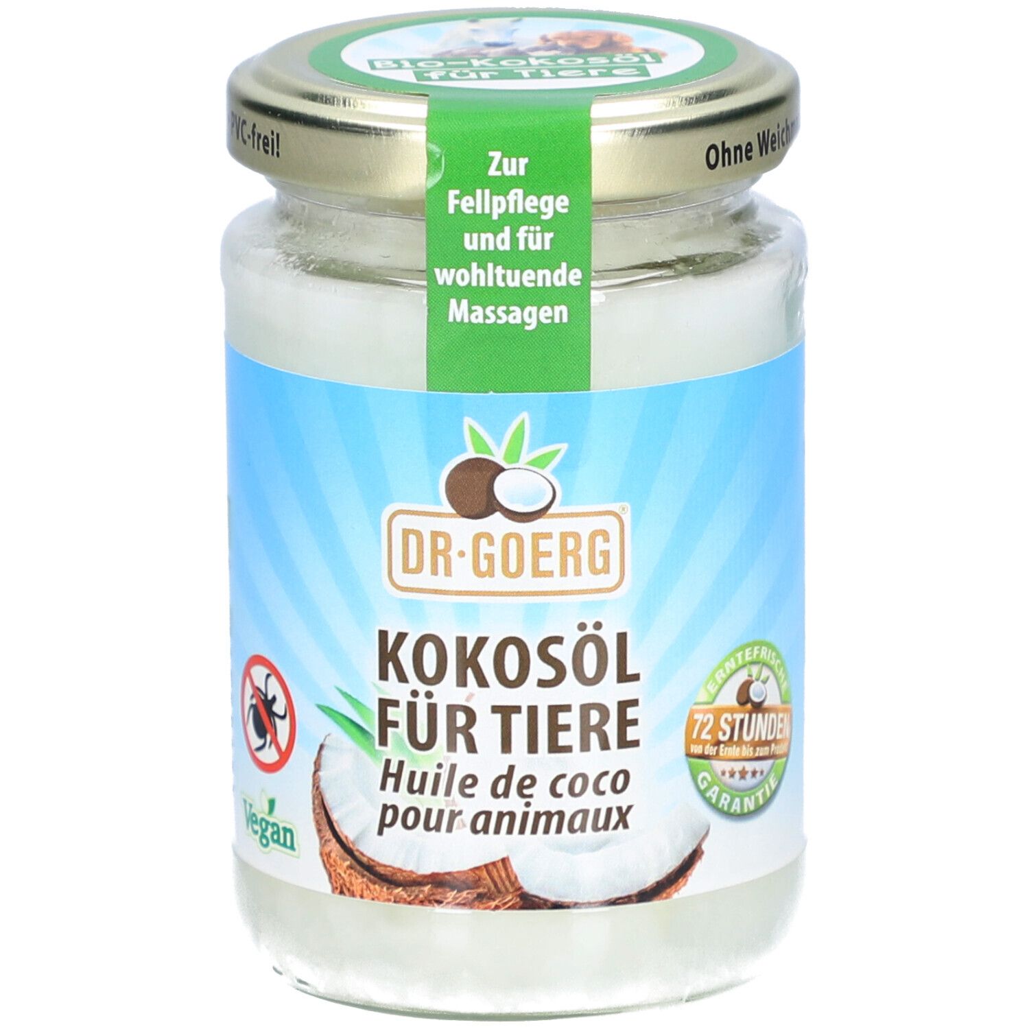Glas mit Kokosöl für Tiere. Aufkleber mit Produktnamen, Logo und Illustrationen. Deckel mit Aufschrift.