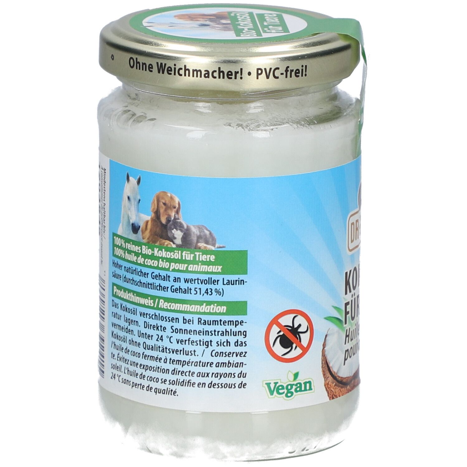 Glas mit Kokosöl für Tiere. Rückseite mit Produktinformationen, Logo und Illustrationen. Vegan-Siegel.