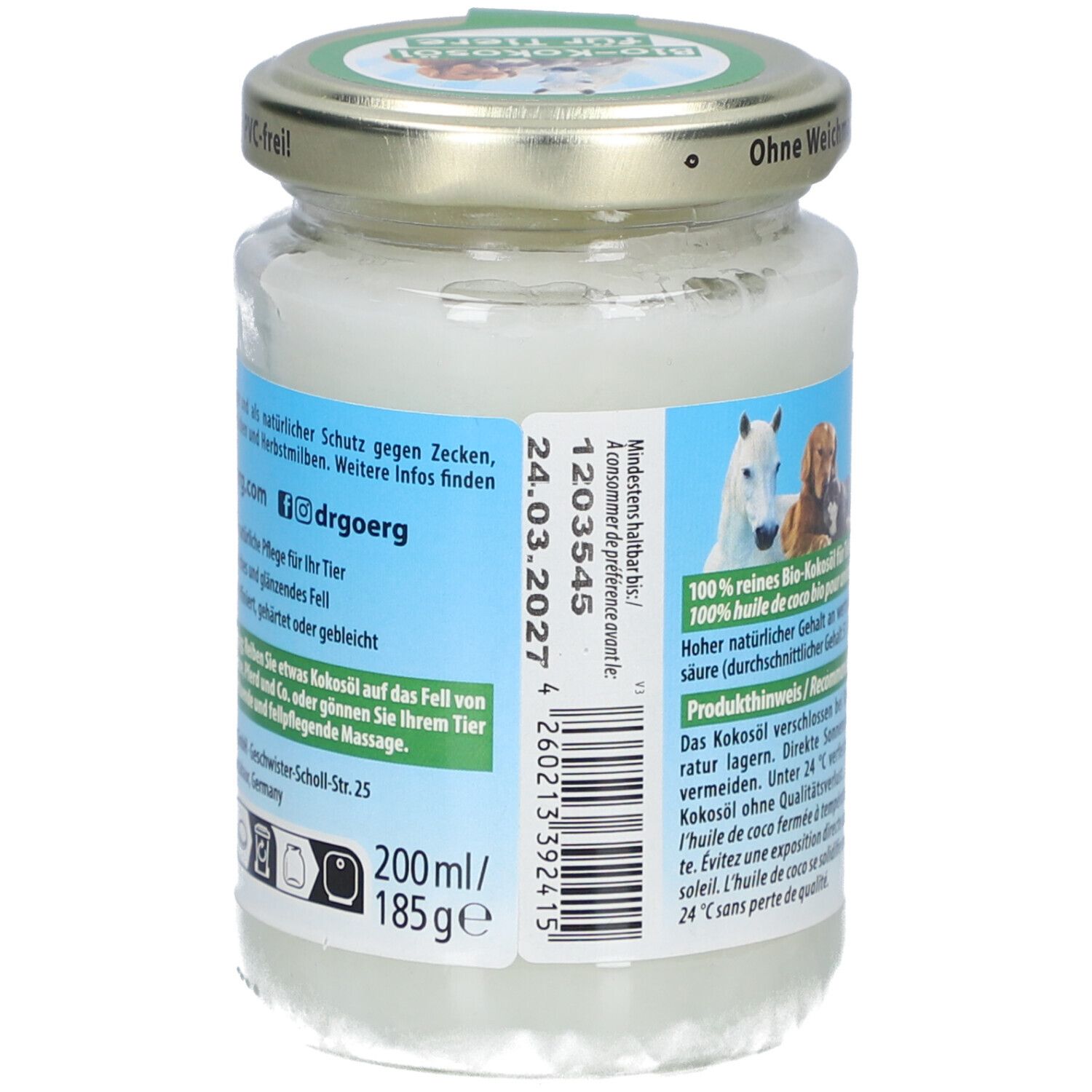 Glas mit Kokosöl für Tiere. Rückseite mit Produktinformationen, Mindesthaltbarkeitsdatum und Barcode. 200ml/185g.