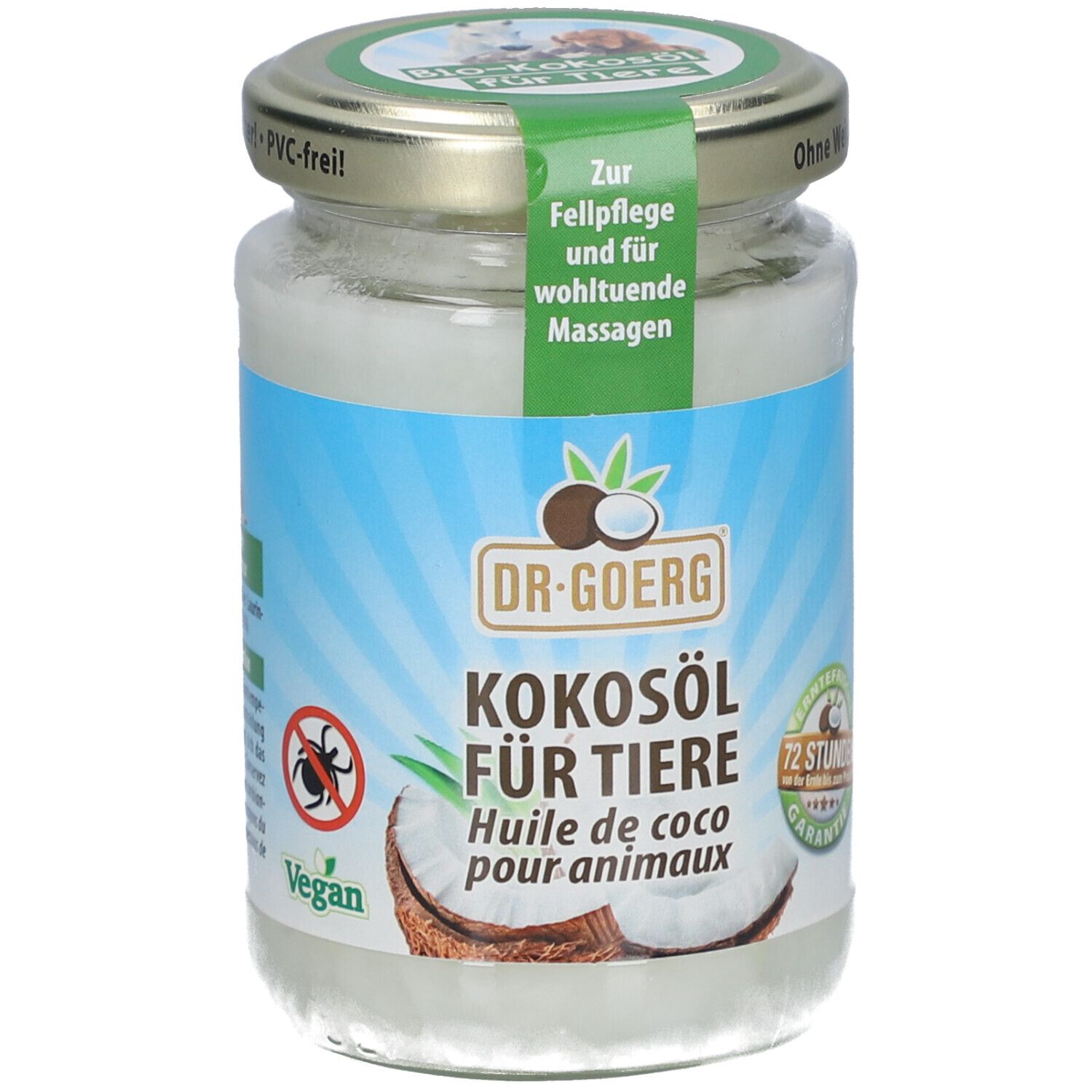 Glas mit Kokosöl für Tiere. Aufkleber mit Produktnamen, Logo und Illustrationen. Deckel mit Aufschrift.