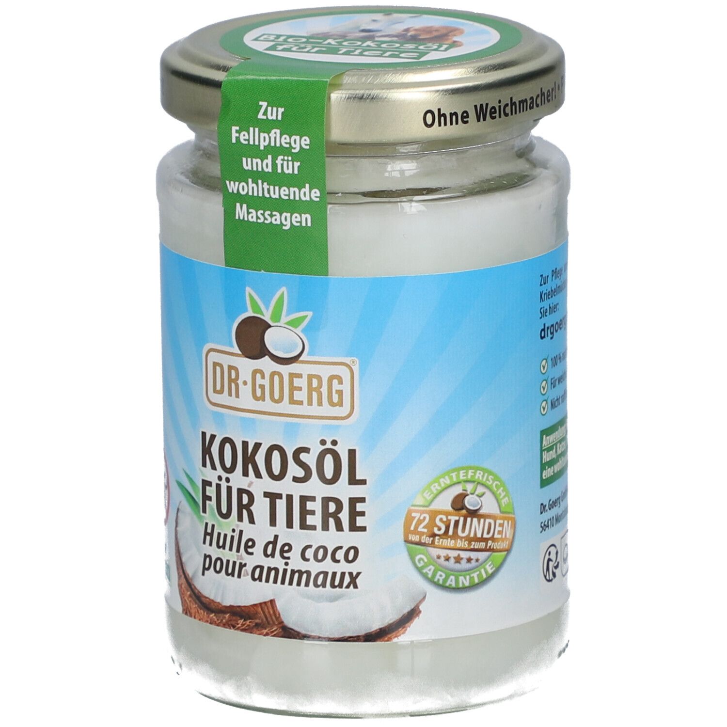 Glas mit Kokosöl für Tiere. Aufkleber mit Produktnamen, Logo und Illustrationen. Deckel mit Aufschrift.