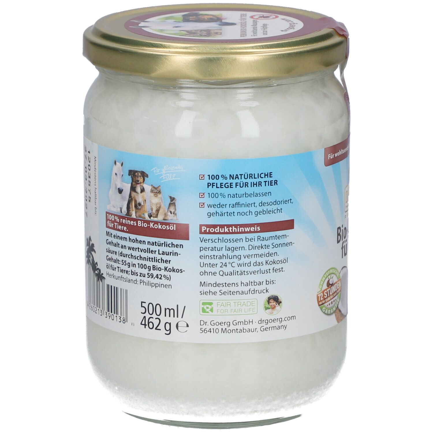 Rückseite des Glases mit Bio-Kokosöl für Tiere. Etikett mit Produktinformationen, Inhaltsstoffen und Logo.