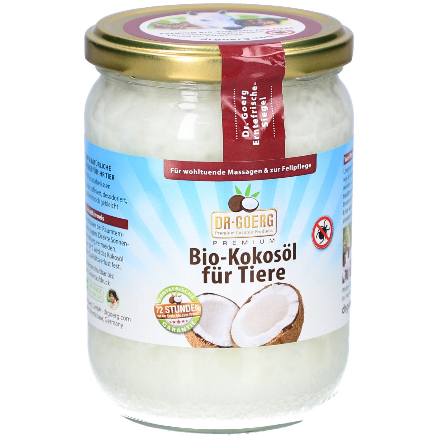 Glas mit Bio-Kokosöl für Tiere. Etikett mit Produktnamen, Kokosnuss-Illustration und Siegel.