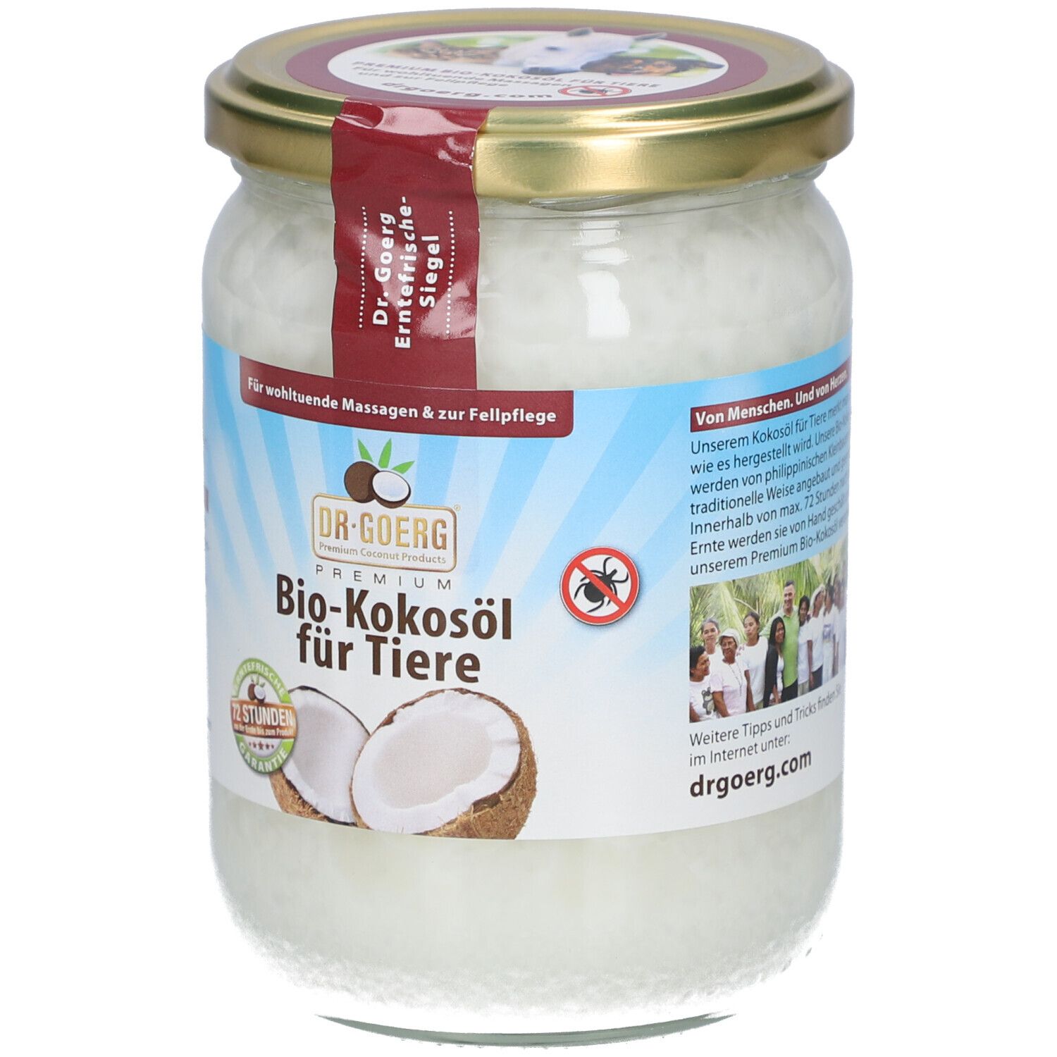 Glas mit Bio-Kokosöl für Tiere. Etikett mit Produktnamen, Kokosnuss-Illustration und Siegel.