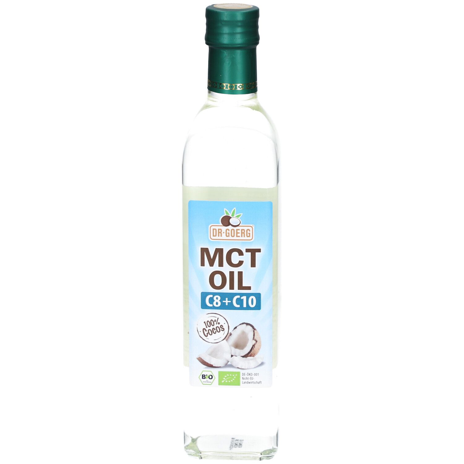 Klare Glasflasche mit grünem Deckel. Etikett mit "MCT OIL C8+C10" und Kokosnuss-Illustration. Bio-Siegel.