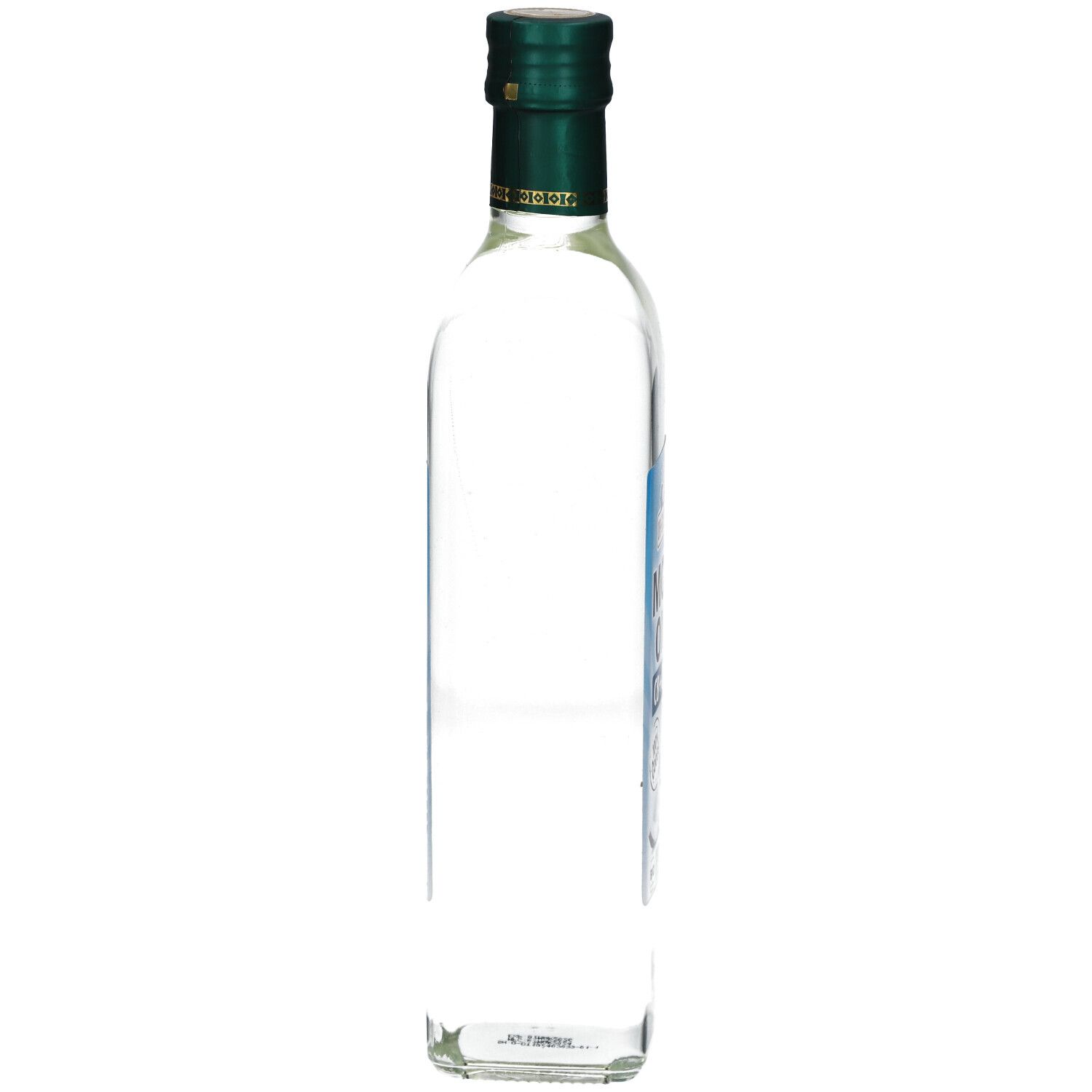 Schmale, transparente Glasflasche mit grünem Deckel. Seitenansicht. Keine weiteren Details sichtbar.