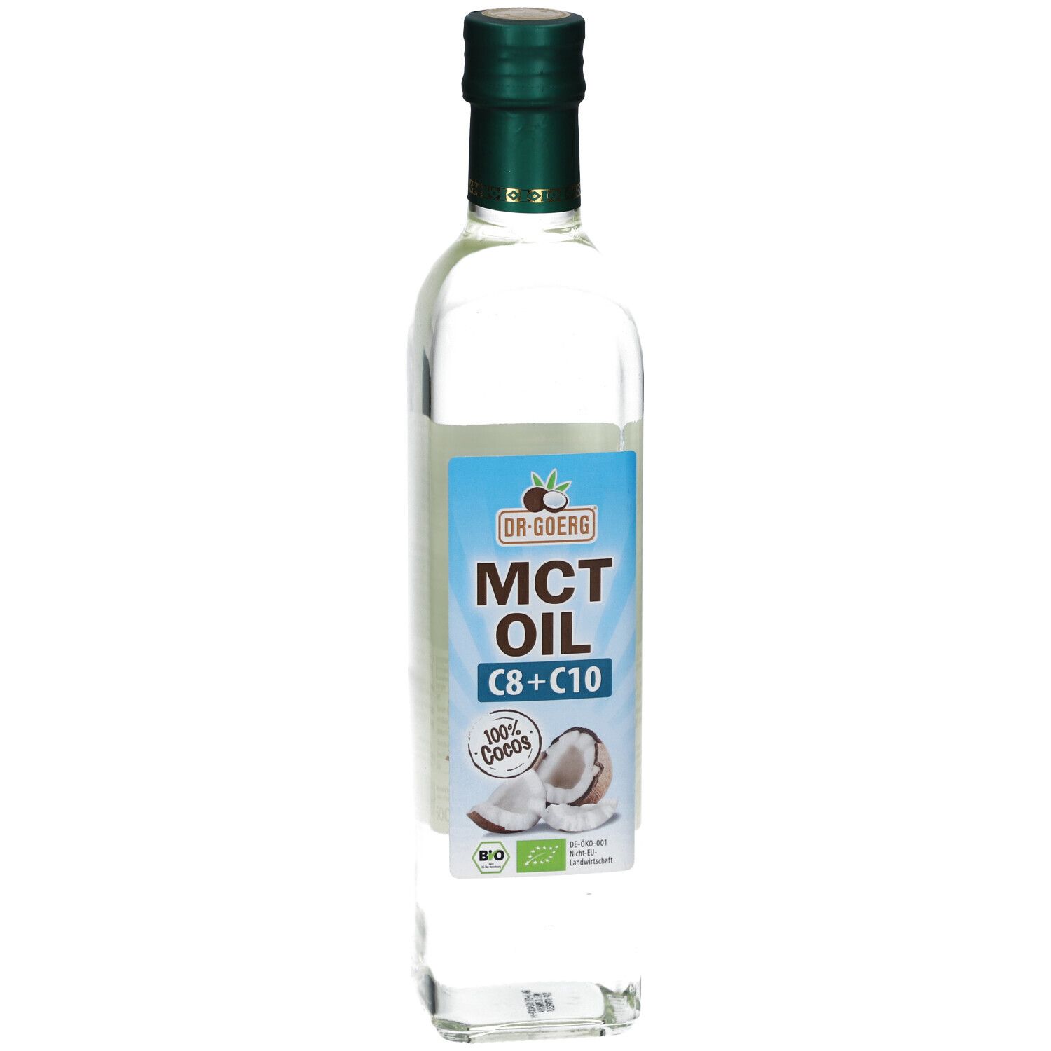 Glasflasche mit grünem Deckel. Etikett mit "MCT OIL C8+C10" und Kokosnuss-Illustration. Bio-Siegel.