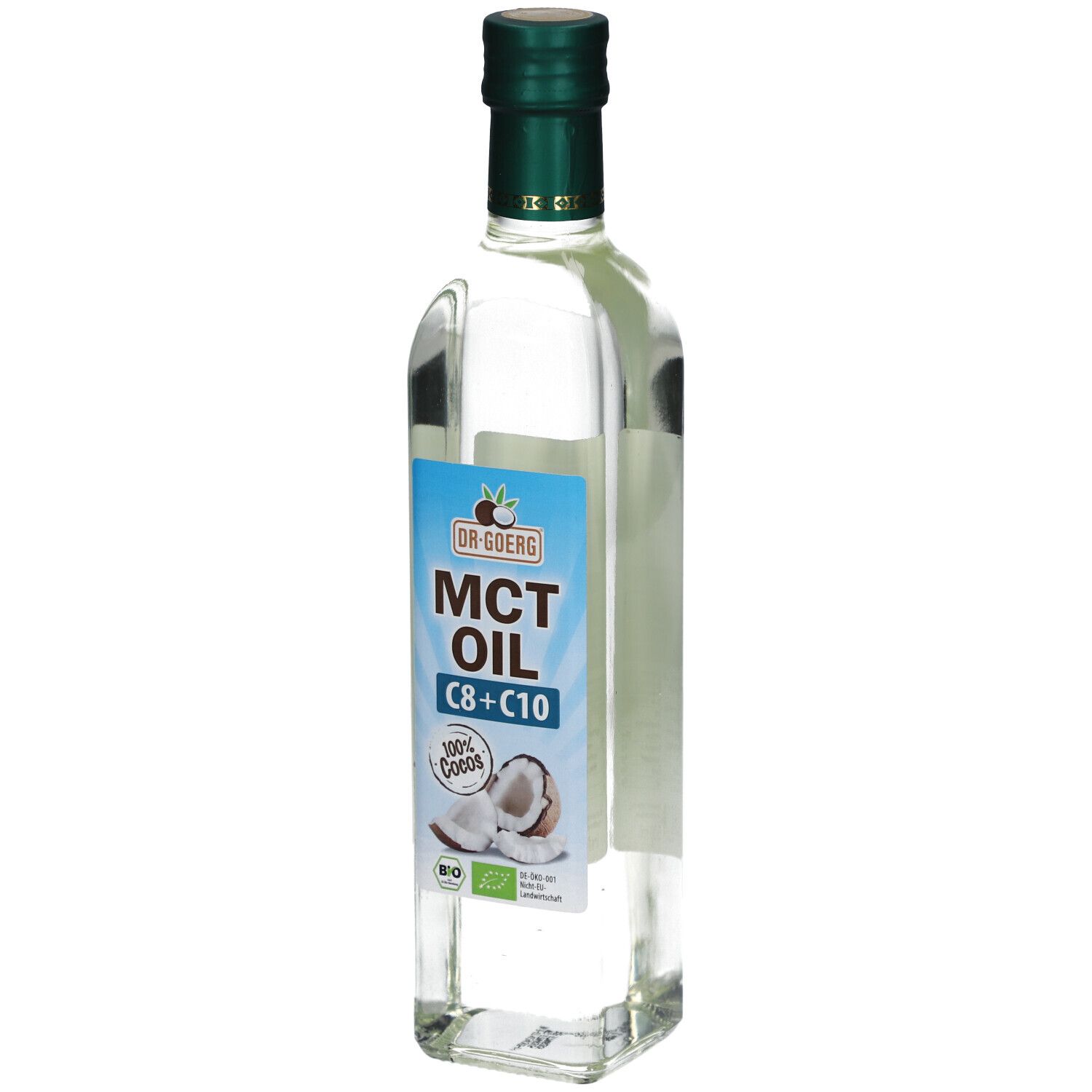 Glasflasche mit grünem Deckel. Etikett mit "MCT OIL C8+C10" und Kokosnuss-Illustration. Bio-Siegel.