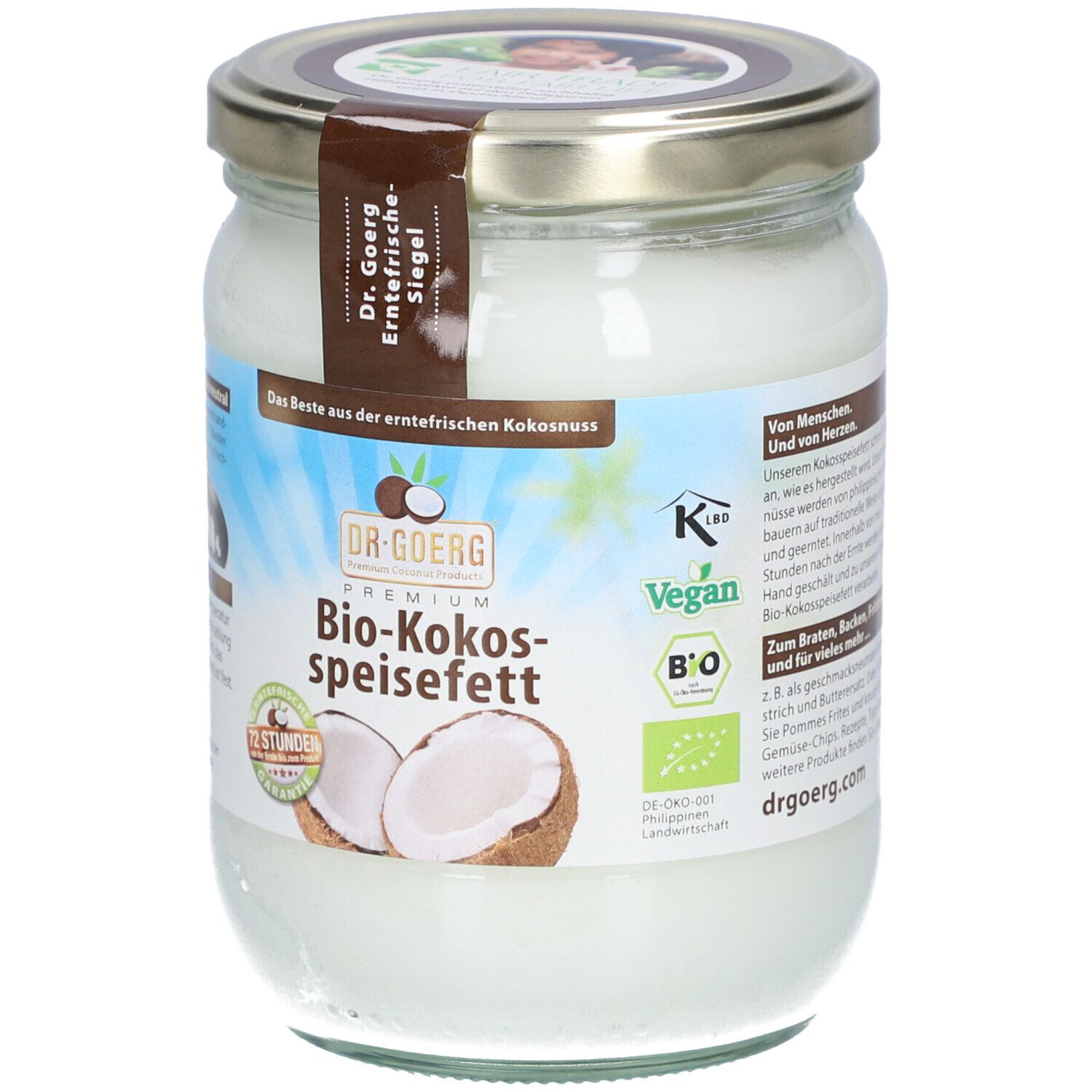 Glas mit Bio-Kokos-Speisefett. Aufkleber mit Produktinformationen und Logo. Deckel aus Metall. Kokosnuss-Illustration.