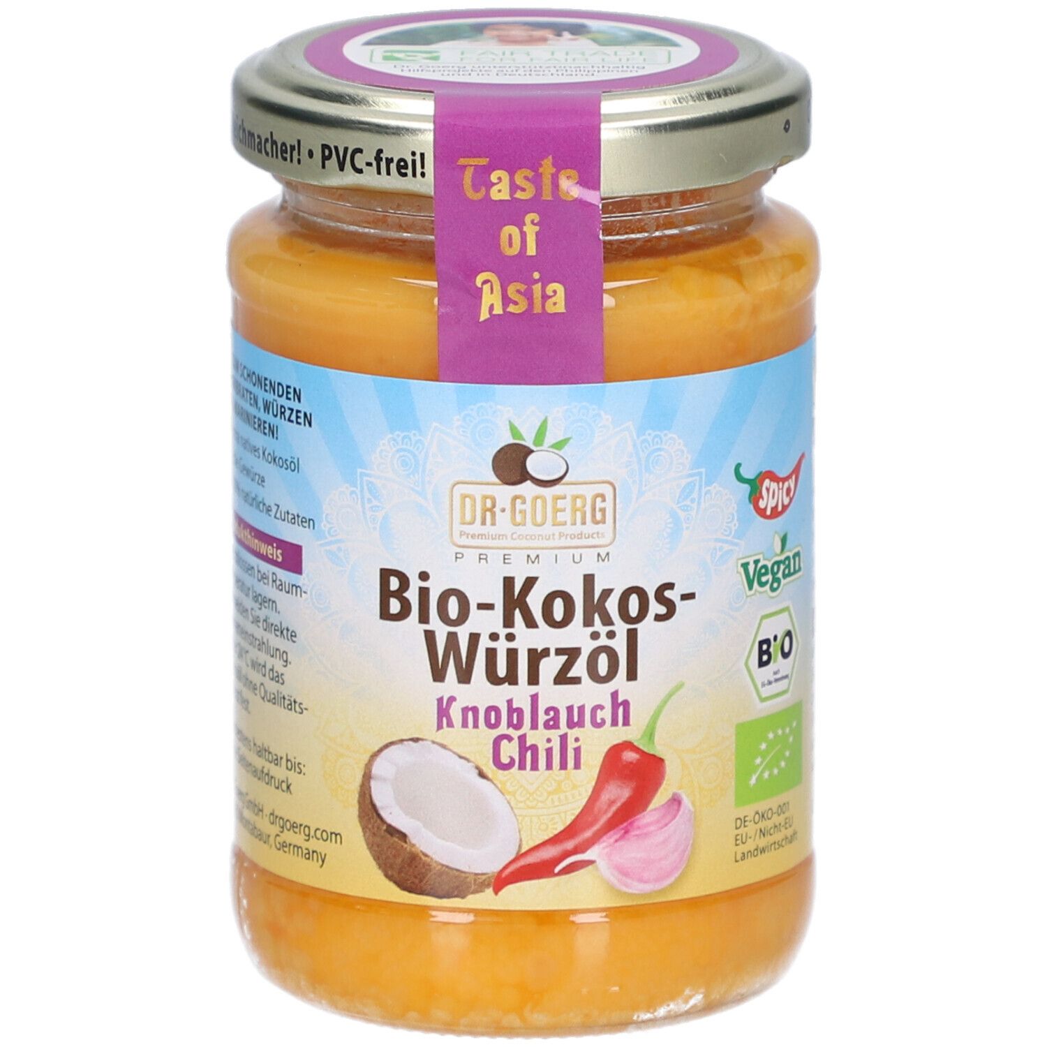 Glas mit Bio-Kokos-Würzöl Knoblauch-Chili. Aufkleber mit Produktnamen, Kokosnuss, Chili, Knoblauch und Logo.