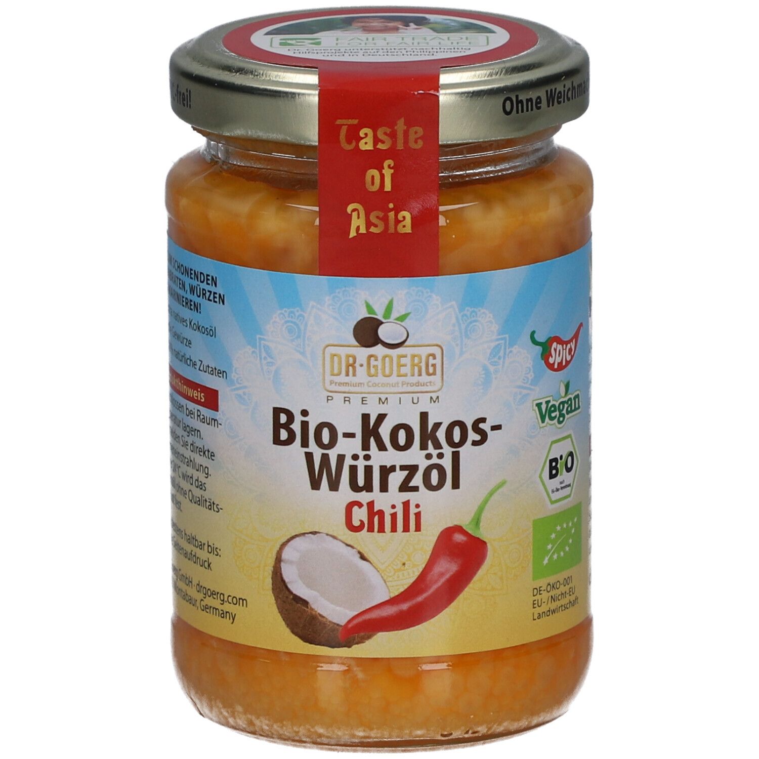 Glas mit Bio-Kokos-Würzöl Chili. Aufkleber mit Produktnamen, Kokosnuss und Chili-Abbildung. Deckel mit rotem Aufkleber "Taste of Asia".