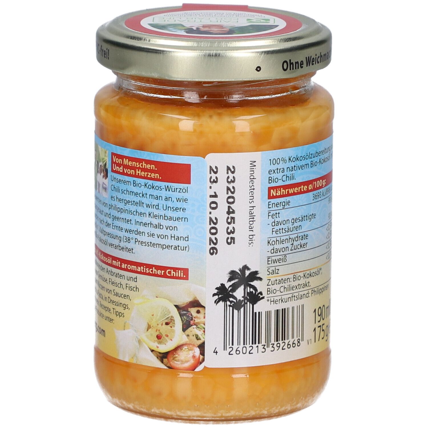 Rückseite des Glases mit Bio-Kokos-Würzöl Chili. Enthält Informationen zur Herstellung und Haltbarkeit. Mindesthaltbarkeitsdatum: 23.10.2026.