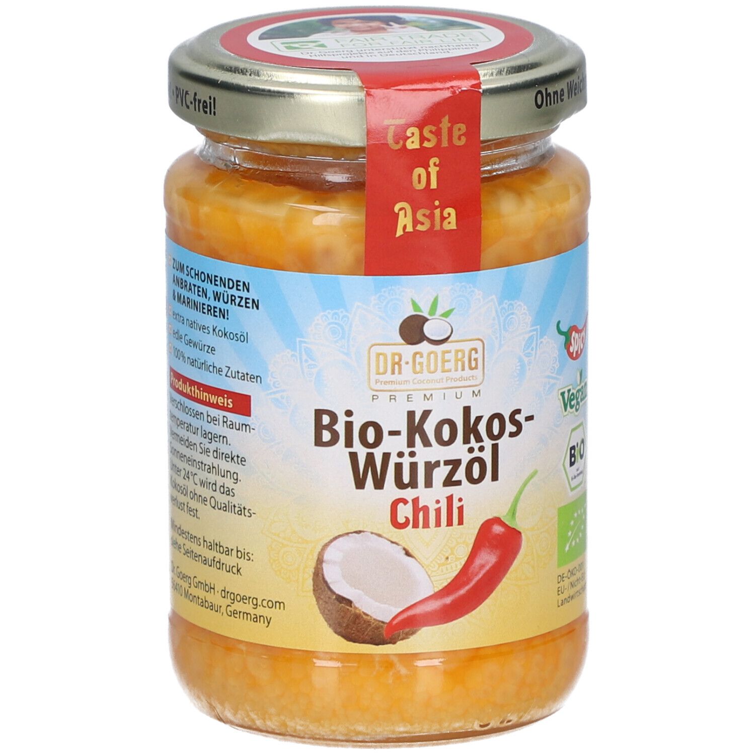 Glas mit Bio-Kokos-Würzöl Chili. Aufkleber mit Produktnamen, Kokosnuss und Chili-Abbildung. Deckel mit rotem Aufkleber "Taste of Asia".