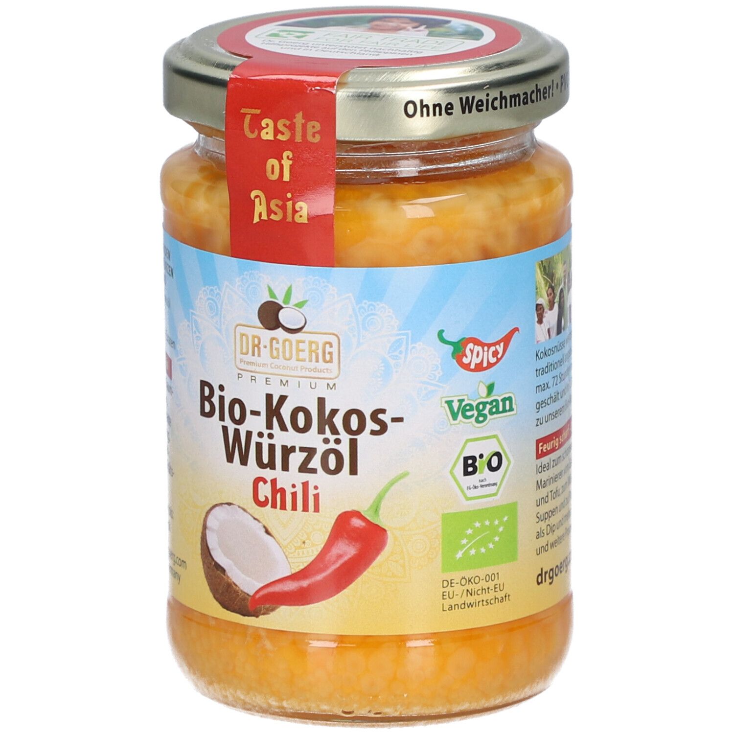 Glas mit Bio-Kokos-Würzöl Chili. Aufkleber mit Produktnamen, Kokosnuss und Chili-Abbildung. Vegan- und Bio-Siegel.