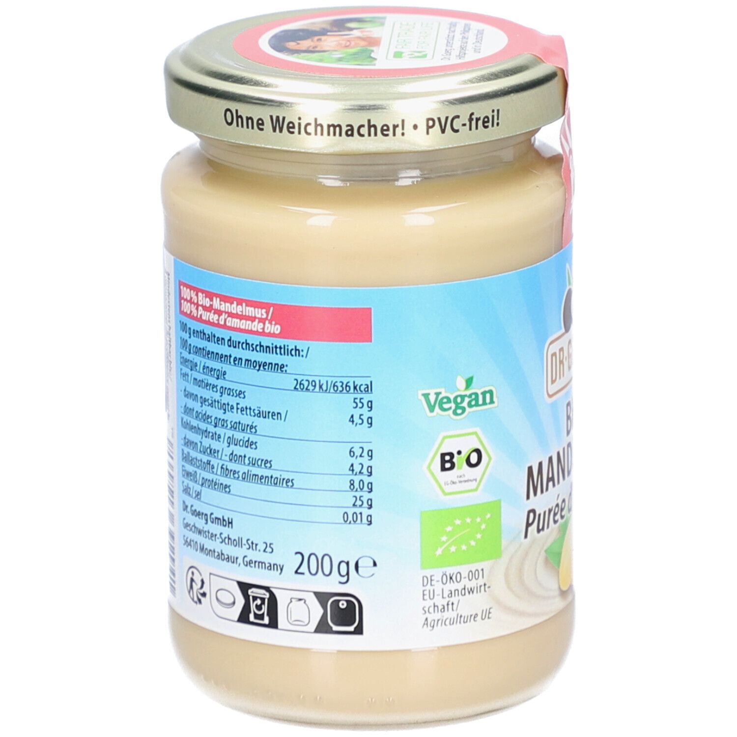 Rückseite des Glases mit Bio-Mandelmus. Nährwertangaben, 200g, Vegan- und Bio-Siegel. Aufschrift: Dr. Goerg.