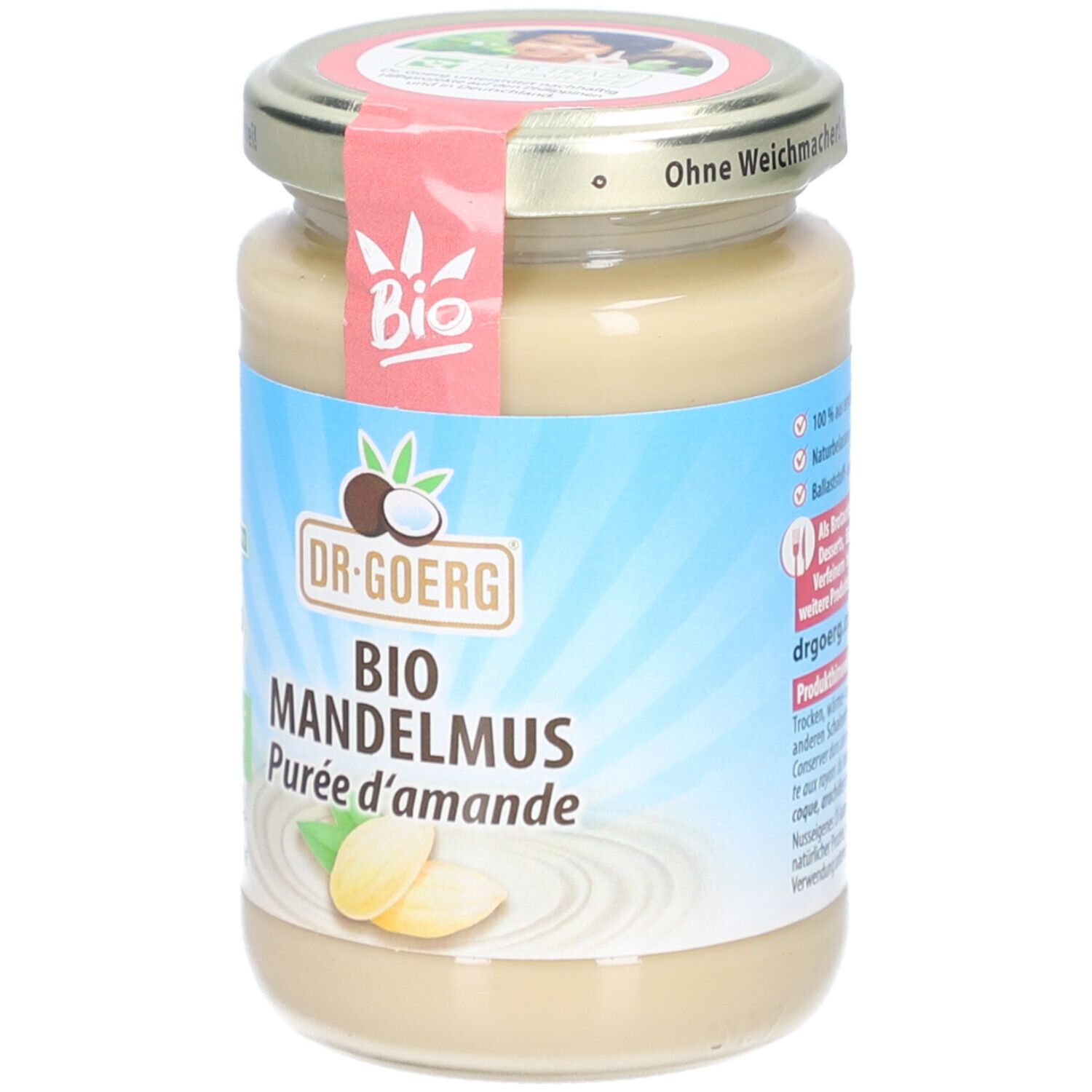 Glas mit Bio-Mandelmus. Aufschrift: Dr. Goerg, Bio Mandelmus, Purée d'amande. Vegan- und Bio-Siegel.