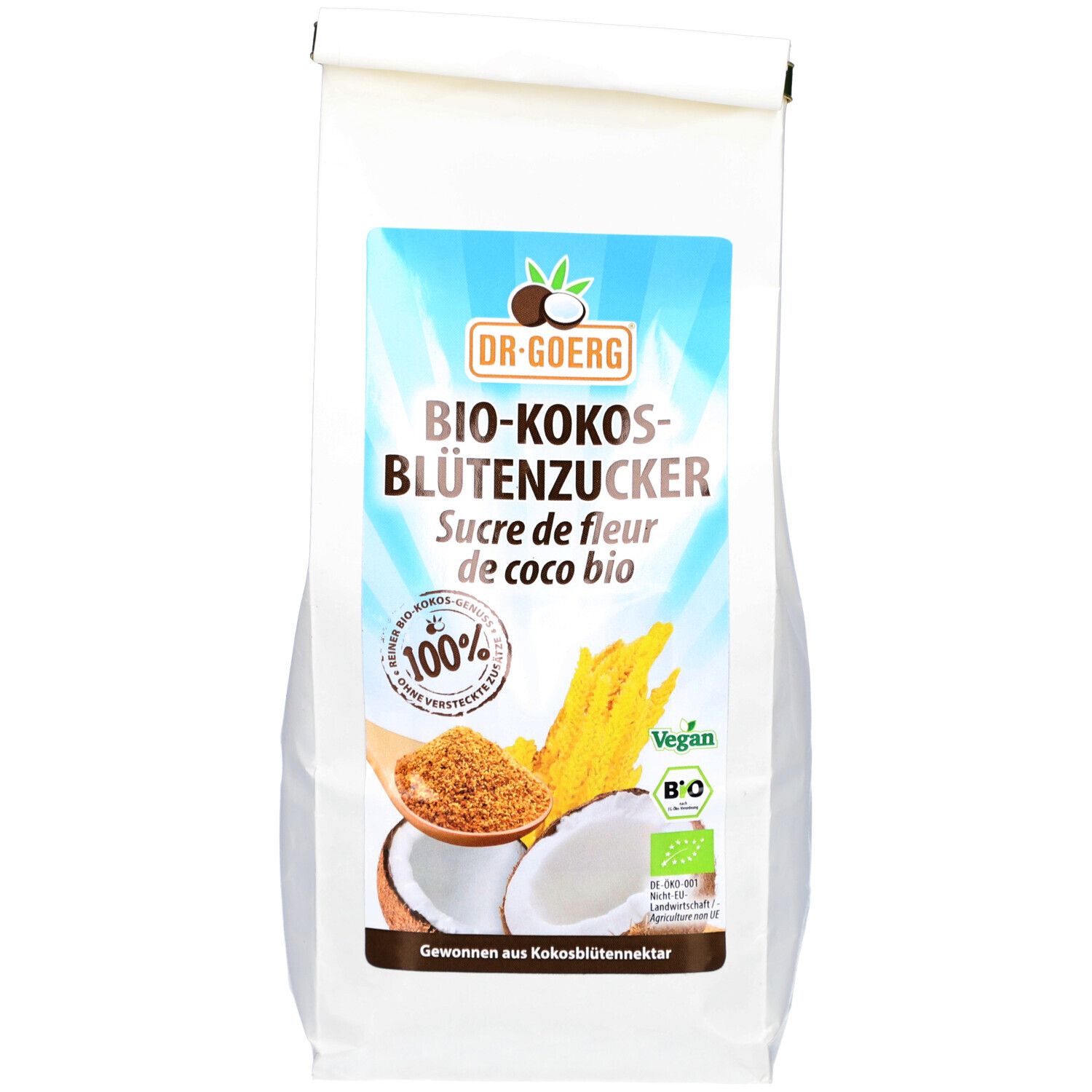 Weißer Beutel mit blauem Etikett. Aufschrift: Bio-Kokosblütenzucker. Logo: Dr. Goerg. Zertifizierungen: 100% Bio, Vegan.