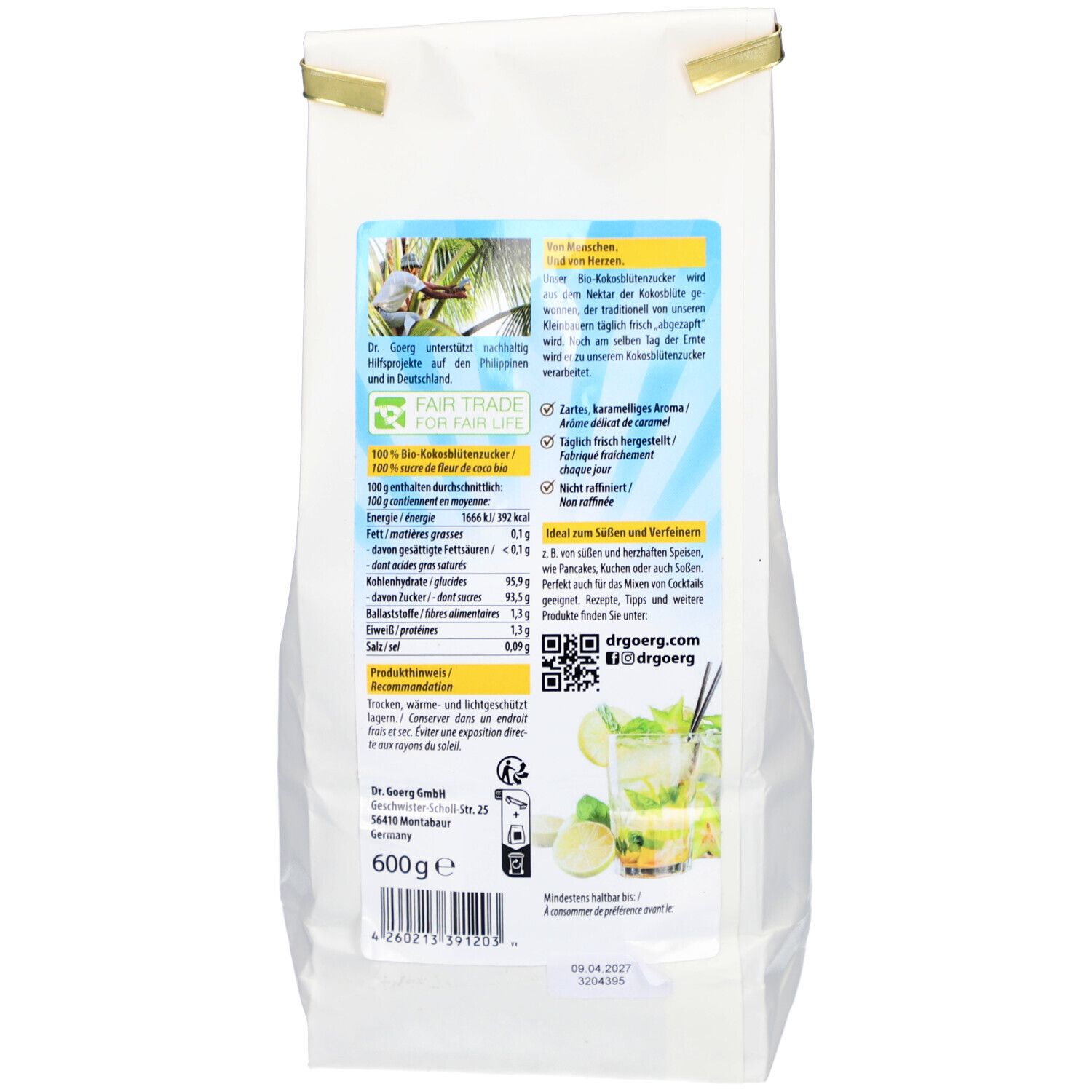 Rückseite des weißen Beutels. Text: Informationen zum Produkt, Nährwertangaben, QR-Code. Logo: Dr. Goerg. Gewicht: 600g.