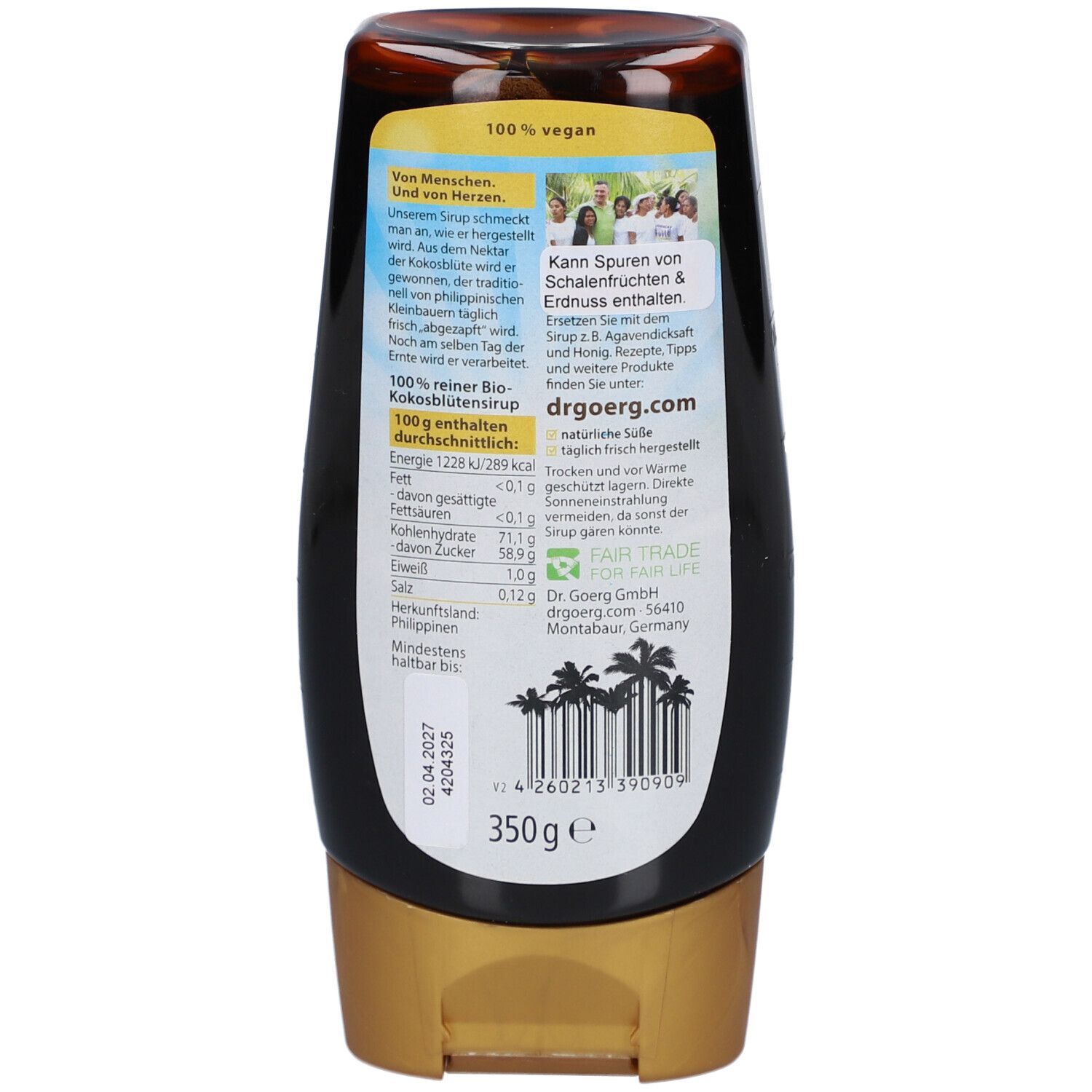 Rückseite der Flasche Bio-Kokosblütensirup. Text, Nährwertangaben, Fair Trade-Siegel, Barcode, Mindesthaltbarkeitsdatum.