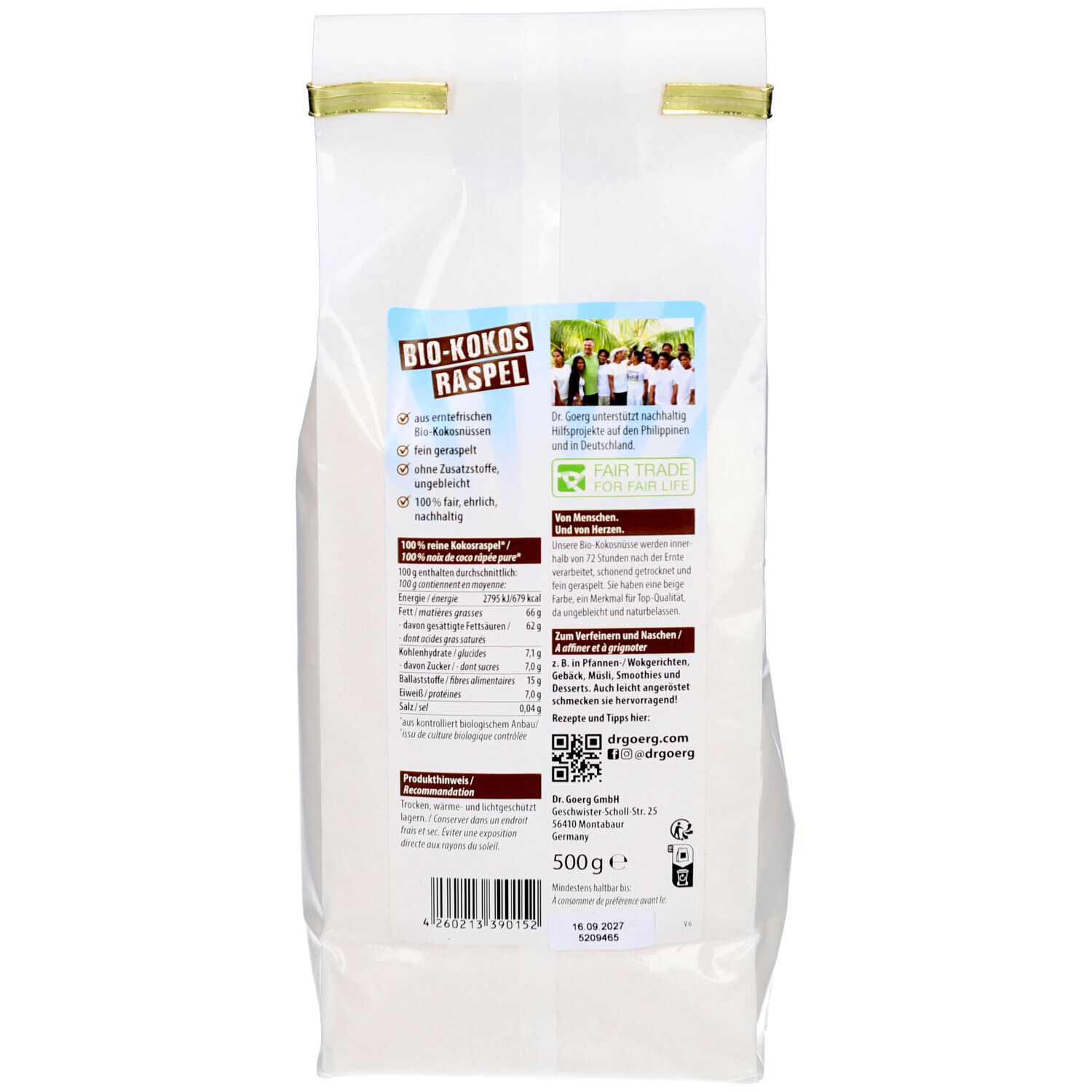 Rückseite der Verpackung. Text, Nährwertangaben, Logo, Barcode. Siegel: Fair Trade. Inhalt: 500g.