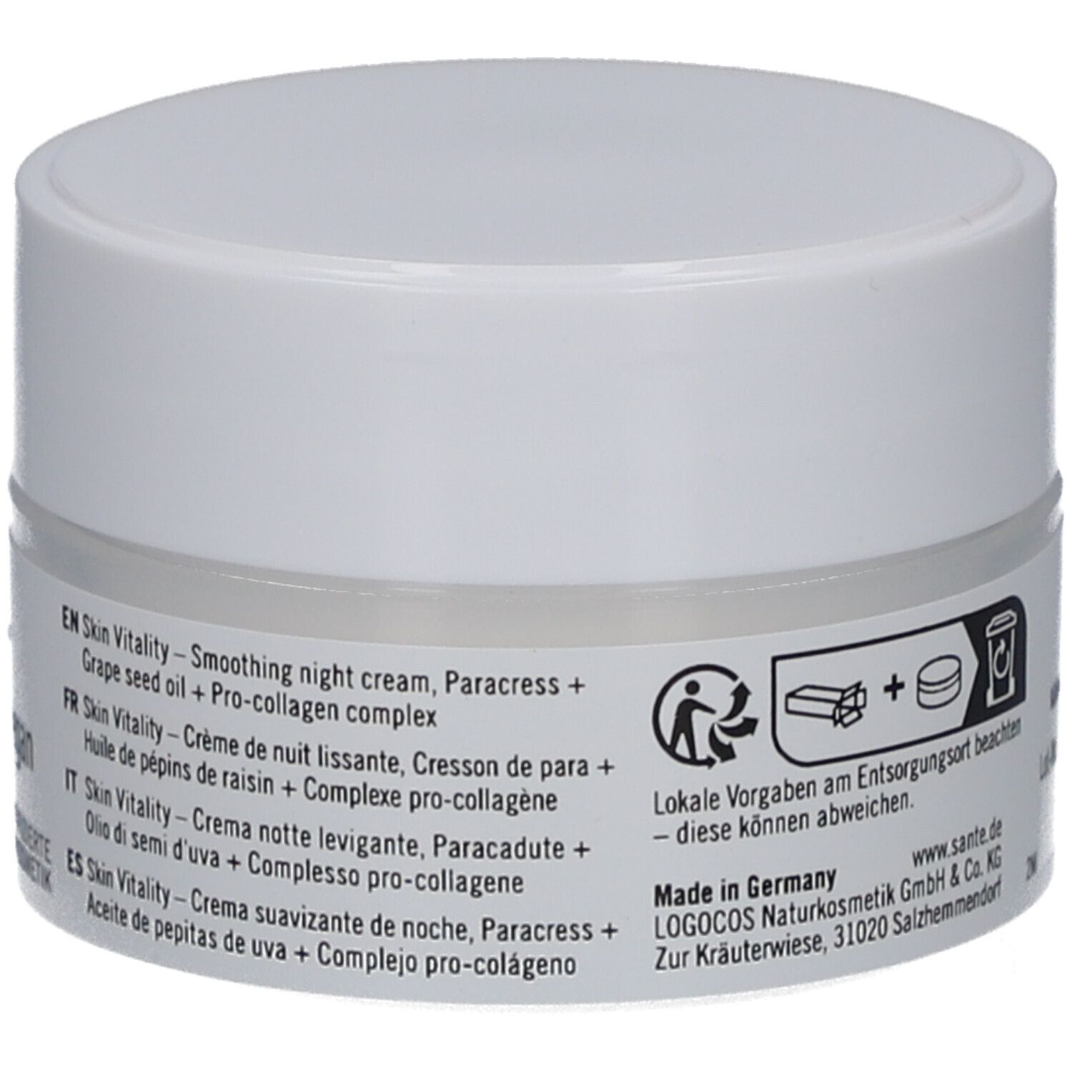 Weiße Creme-Dose. Rückseite mit Produktinformationen in verschiedenen Sprachen. Hergestellt in Deutschland.