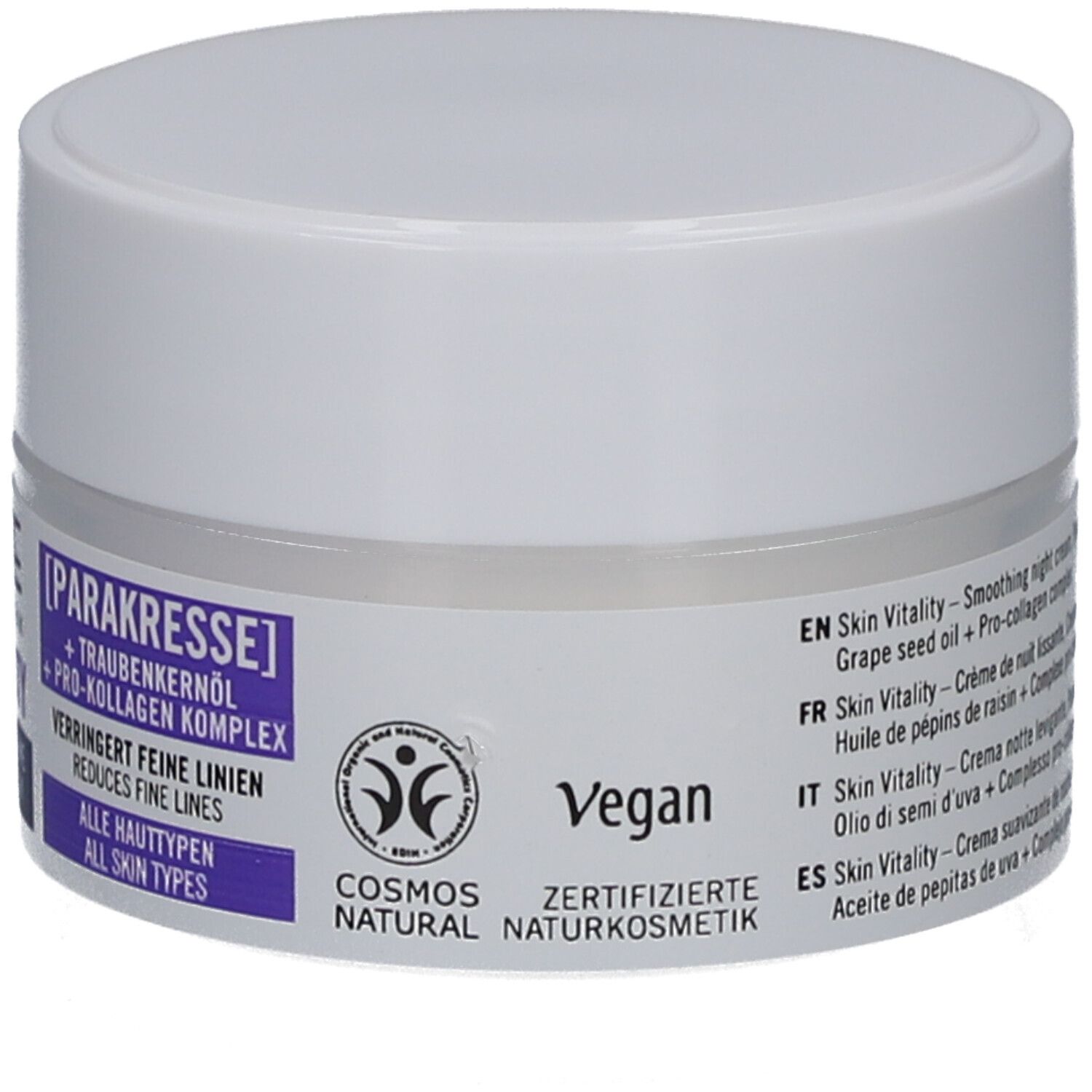 Weiße Creme-Dose. Aufkleber mit Produktnamen, Inhaltsstoffen und Vegan-Zertifizierung.