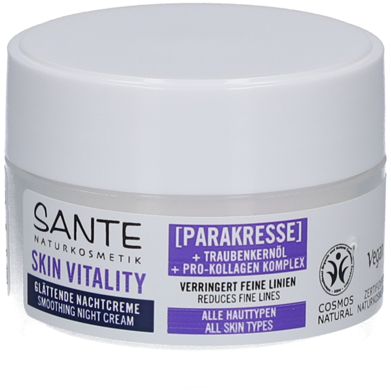 Weiße Creme-Dose. Aufkleber mit Produktnamen, Inhaltsstoffen und Kosmetik-Zertifizierung.