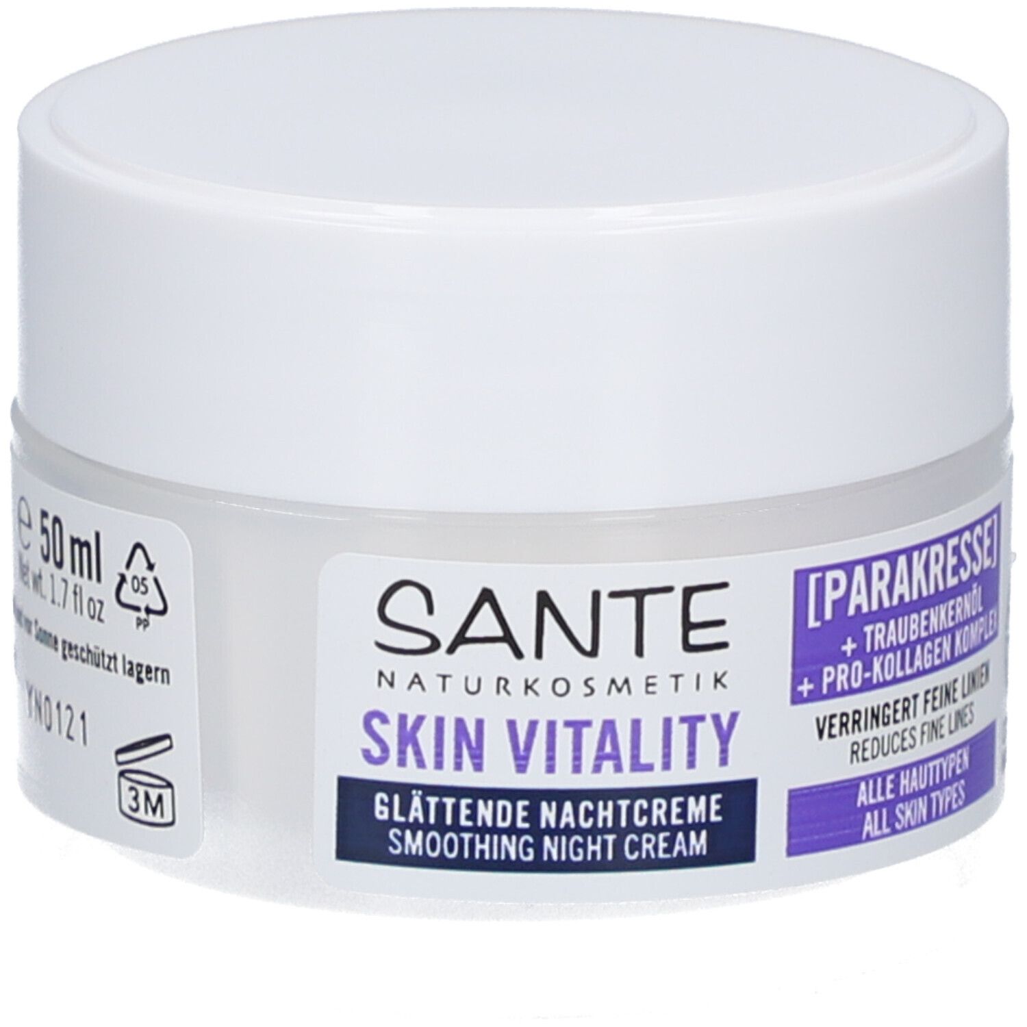 Weiße Creme-Dose. Aufkleber mit Produktnamen und Inhaltsstoffen. 50 ml.