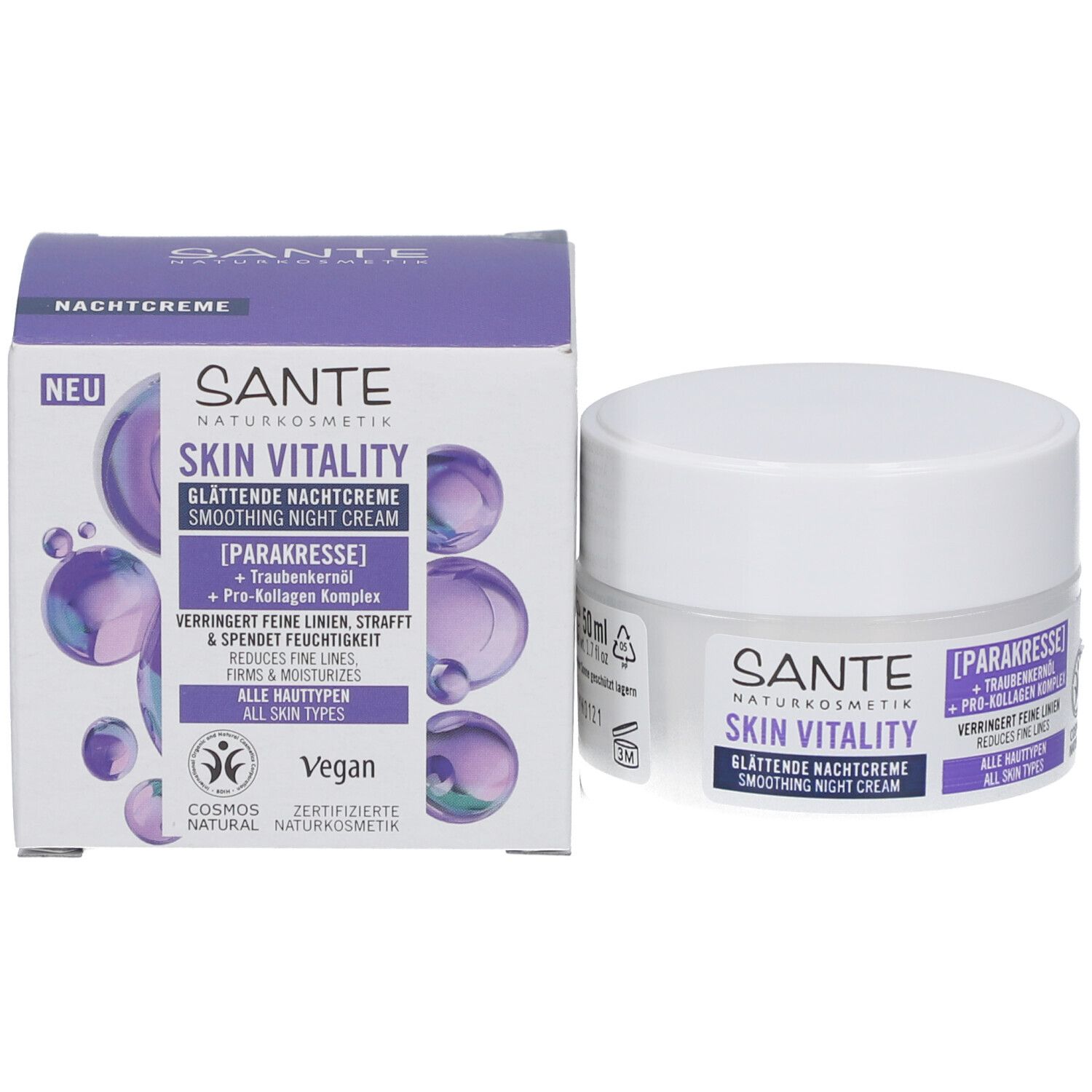 Creme-Dose und Verpackung. Produktname, Inhaltsstoffe und Vegan-Zertifizierung. 50 ml.