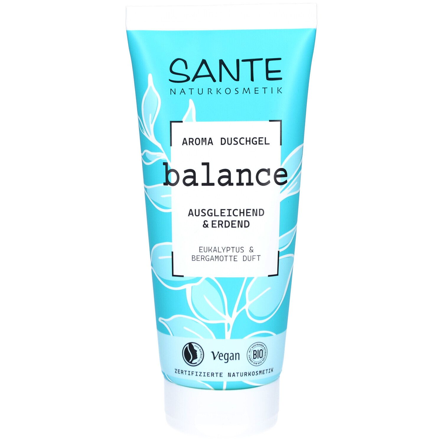 Türkisfarbene Tube. Aufschrift: SANTE Naturkosmetik, Aroma Duschgel balance, Vegan, Bio-Siegel.