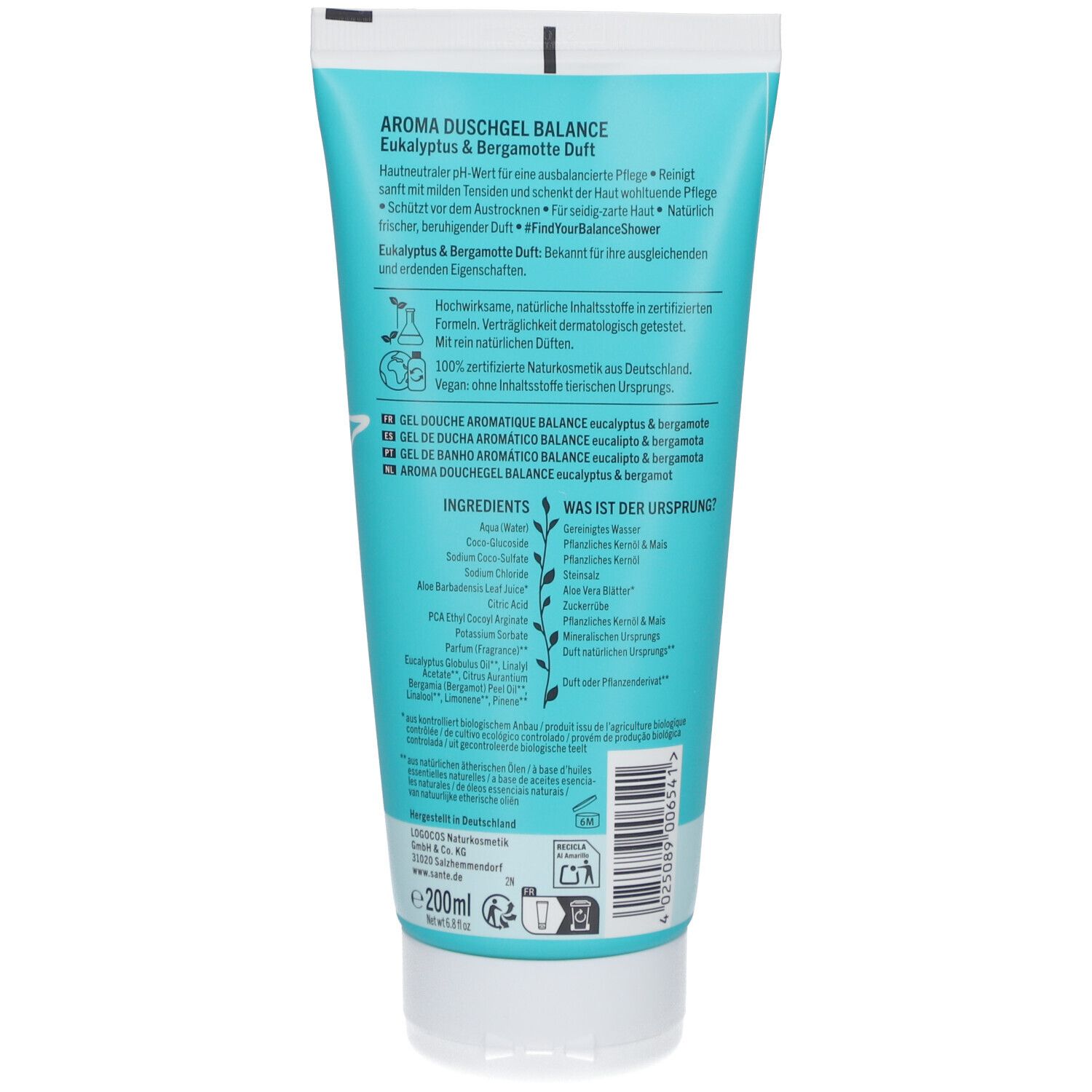 Rückseite der Tube. Text: Aroma Duschgel BALANCE, Inhaltsstoffe, 100% zertifizierte Naturkosmetik, Vegan.
