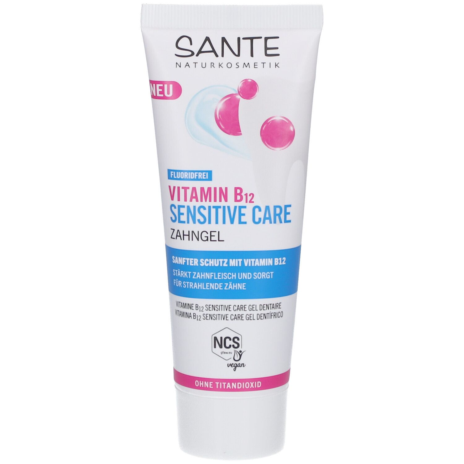 Zahngel-Tube SANTE Vitamin B12 Sensitive Care. Weiß, mit Schriftzug und Illustrationen. "NEU"-Label.