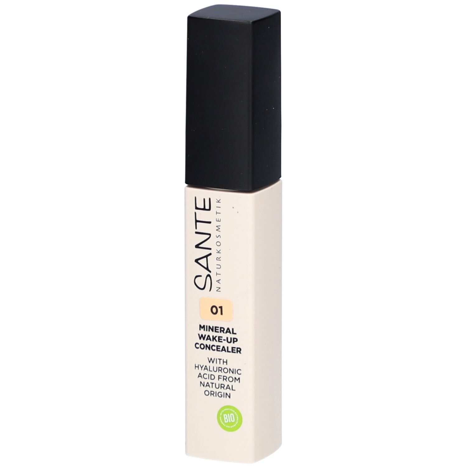 Concealer-Tube, Vorderseite. Aufschrift: SANTE Naturkosmetik, Mineral Wake-Up Concealer 01, Hyaluronsäure. Bio-Siegel.