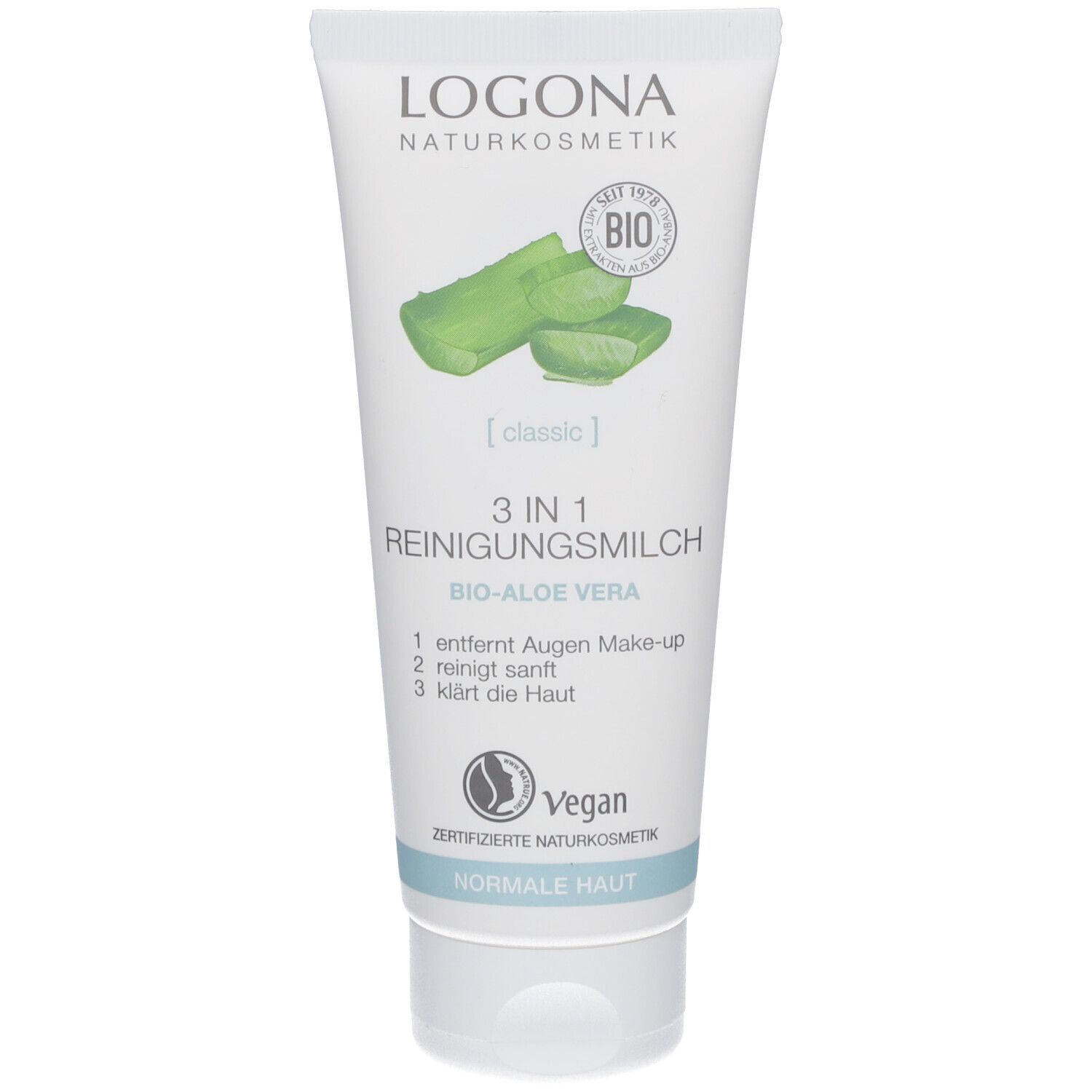 Weiß-grüne Tube mit Produktabbildung und Schriftzug. Enthält Bio-Aloe Vera. Vegan-Siegel.