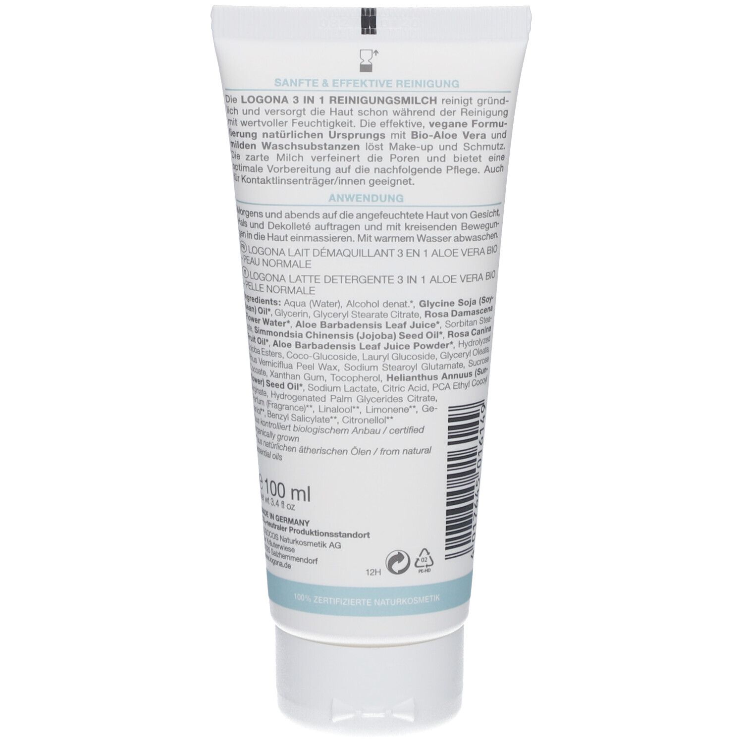 Rückseite der Tube mit Text und Inhaltsangaben. Enthält 100 ml. Hergestellt in Deutschland.