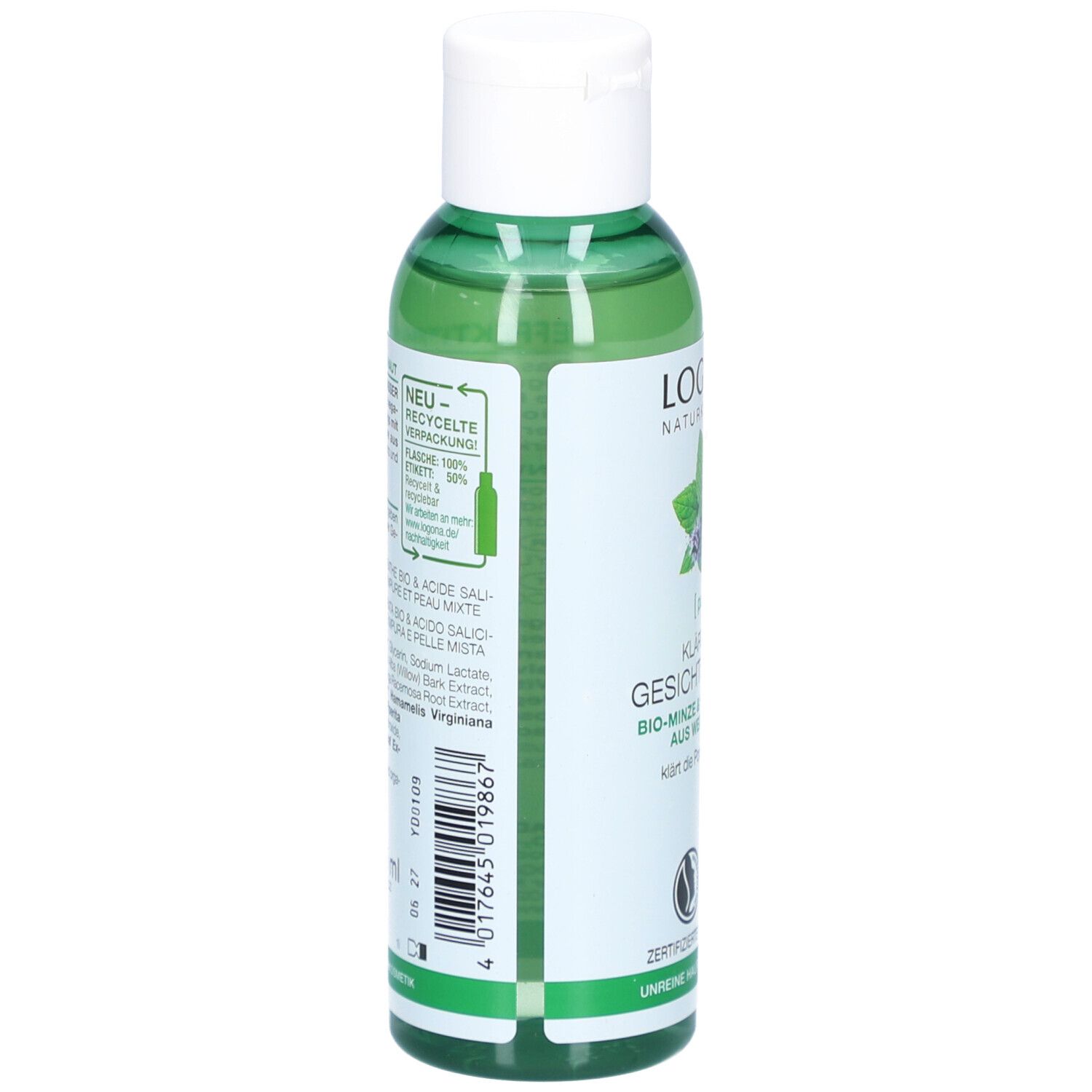 Rückseite der grünen Flasche. Text: Inhaltsstoffe, Recycling-Informationen. Produktname und Logo sind sichtbar.