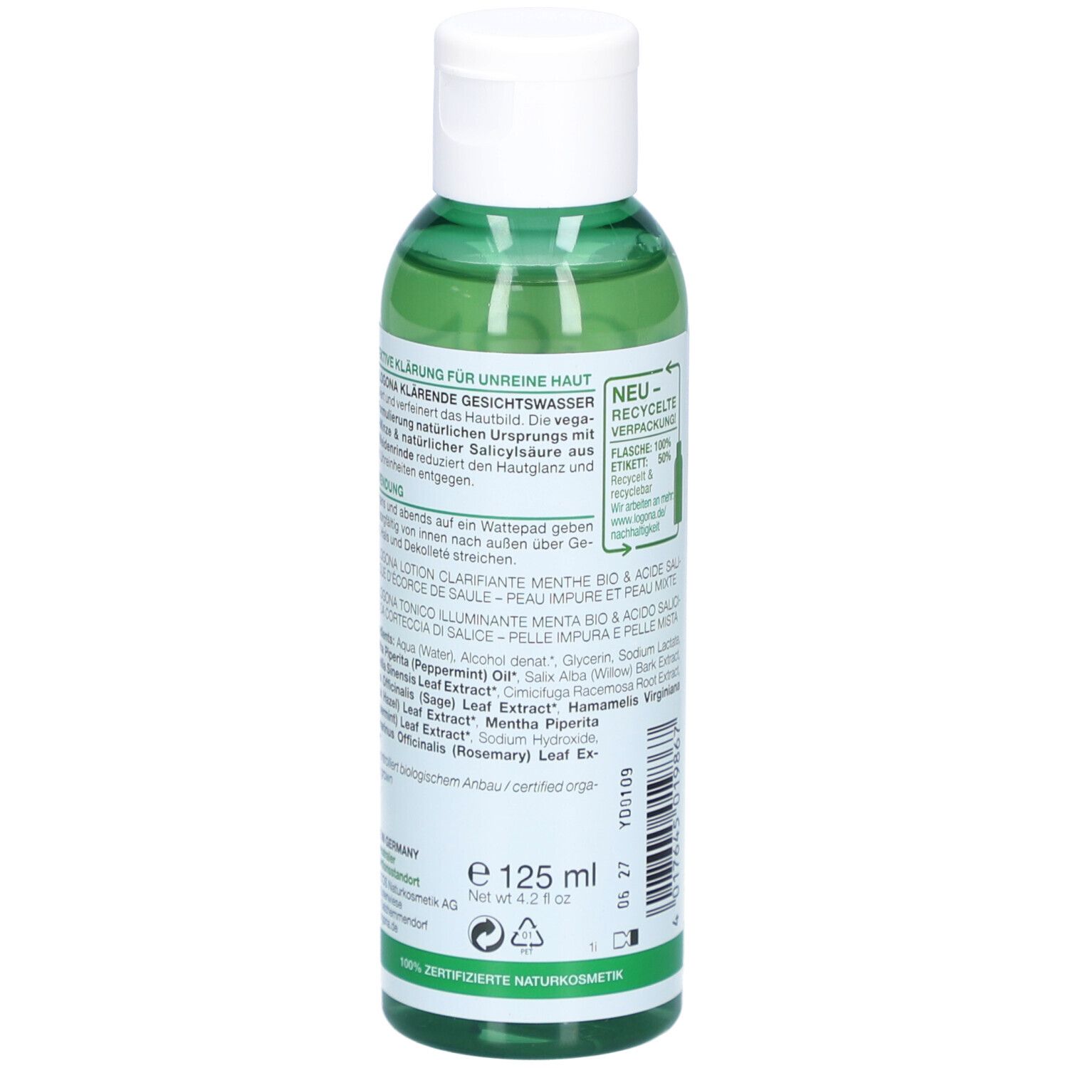 Rückseite der grünen Flasche. Text: Inhaltsstoffe, Anwendung, Produktinformationen. Größe: 125 ml.