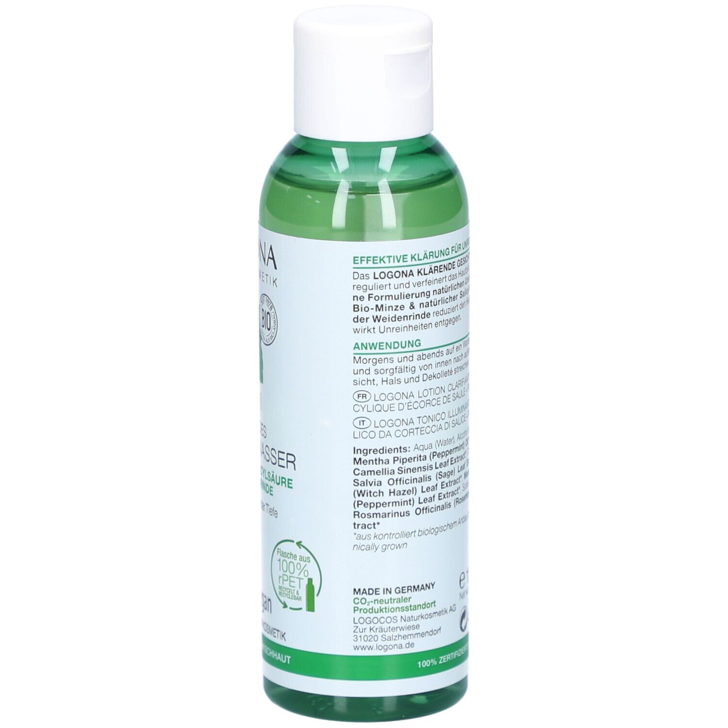 Rückseite der grünen Flasche. Text: Anwendung, Inhaltsstoffe, Produktinformationen. Logo und Produktname sichtbar.