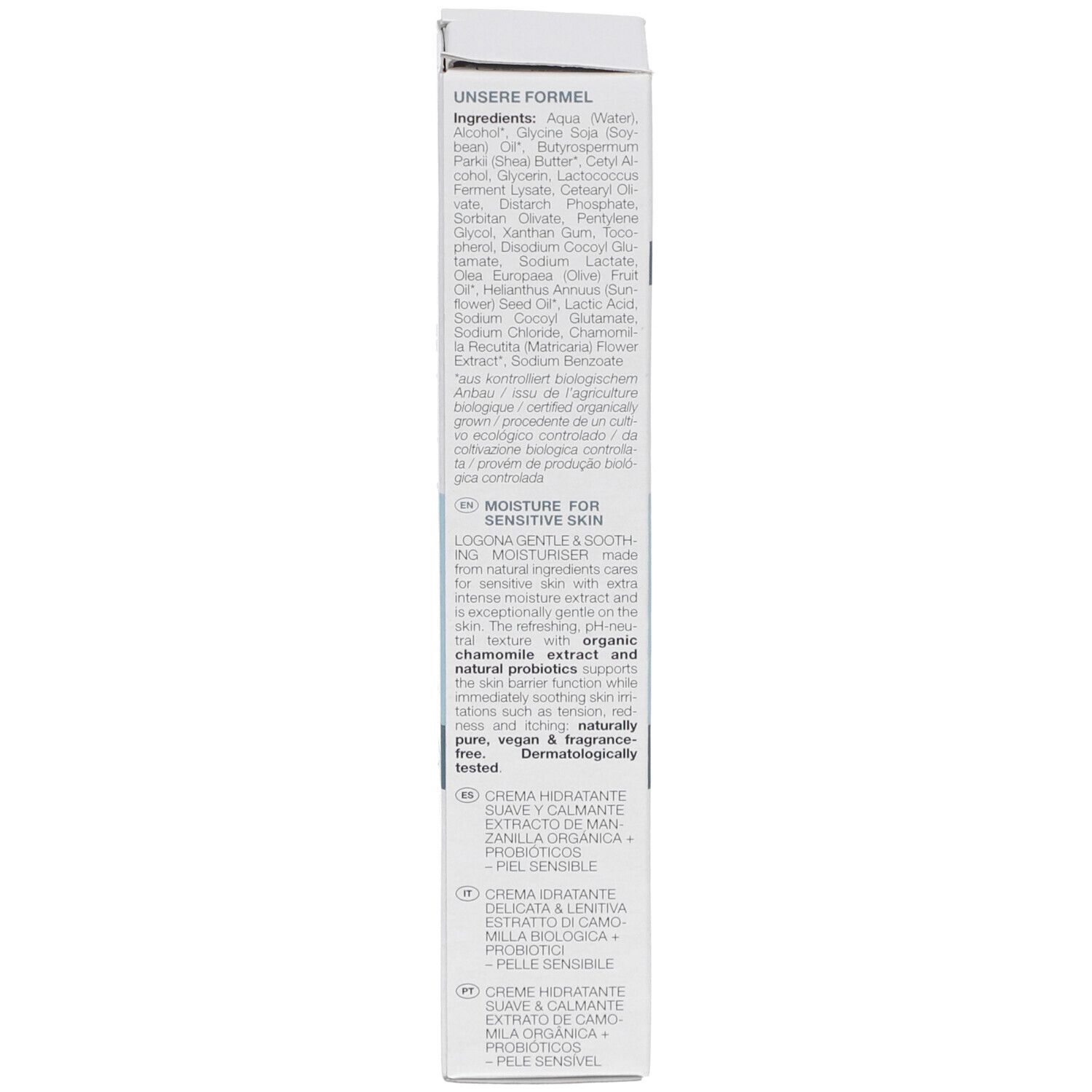 Rückseite der Kartonverpackung mit Inhaltsstoffen, Text in mehreren Sprachen und Qualitätszeichen.