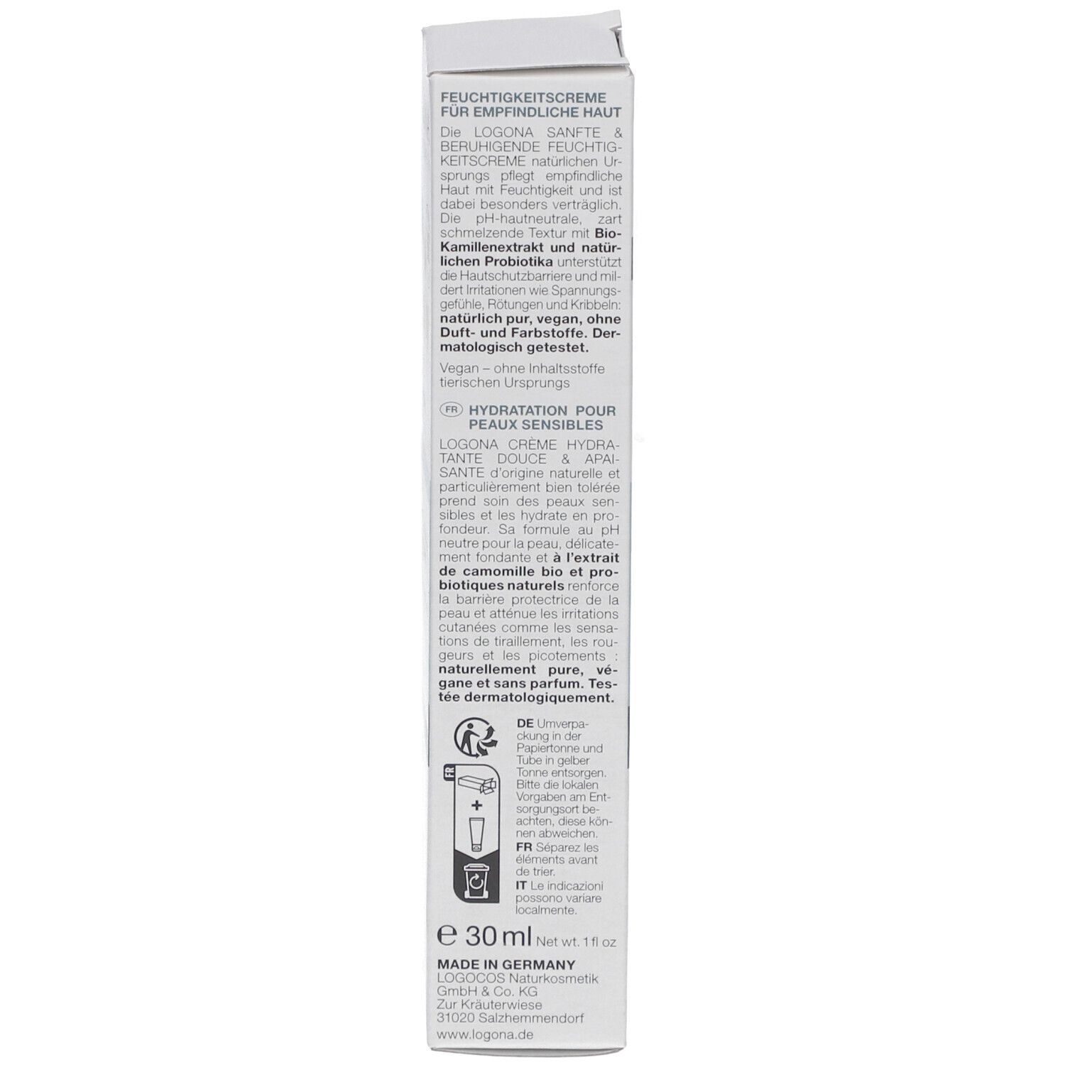 Detailansicht der Kartonverpackung mit Text in mehreren Sprachen, Herstellerinformationen und Qualitätszeichen.