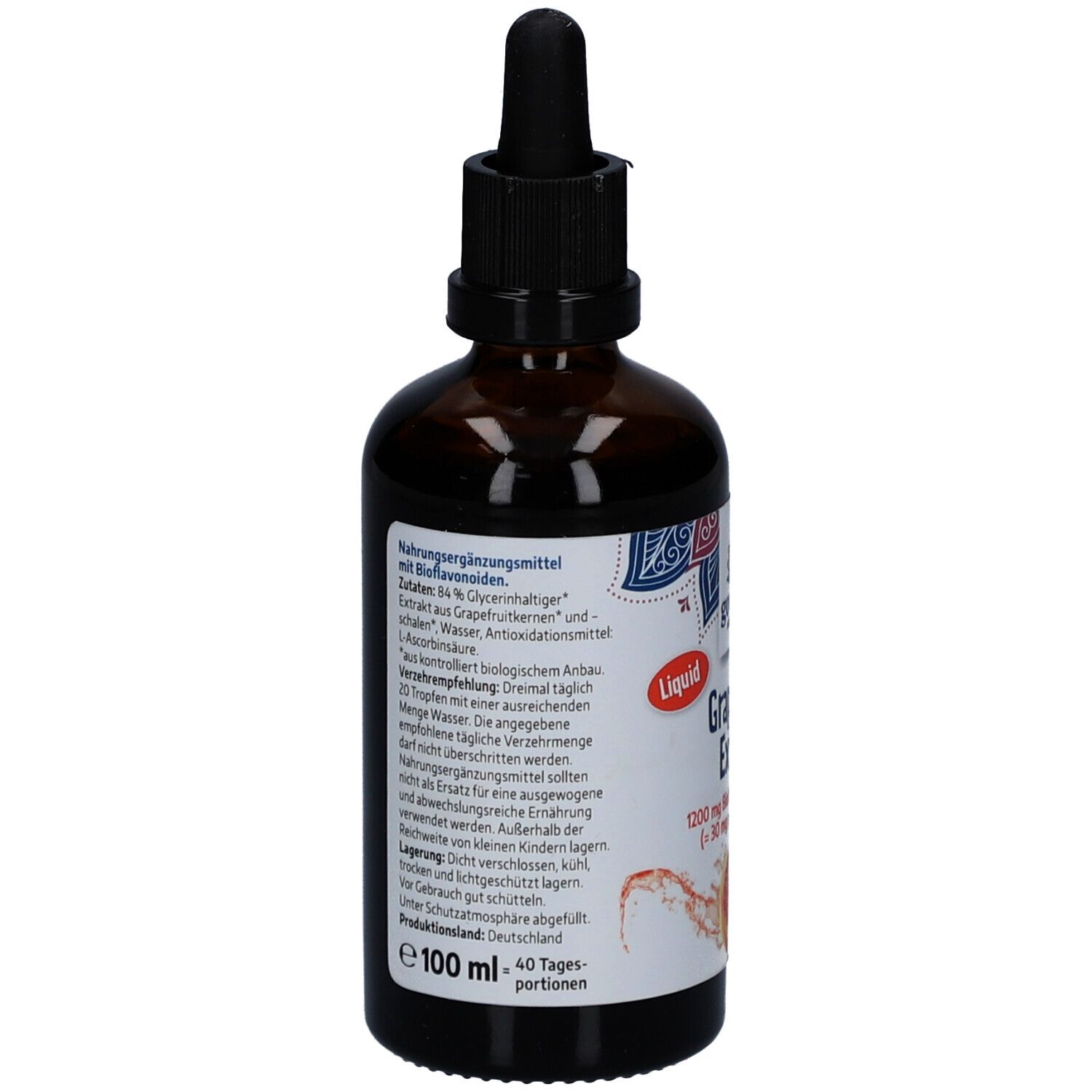 Braune Glasflasche mit schwarzem Deckel und Pipette. Etikett mit Produktinformationen und Bio-Siegel.