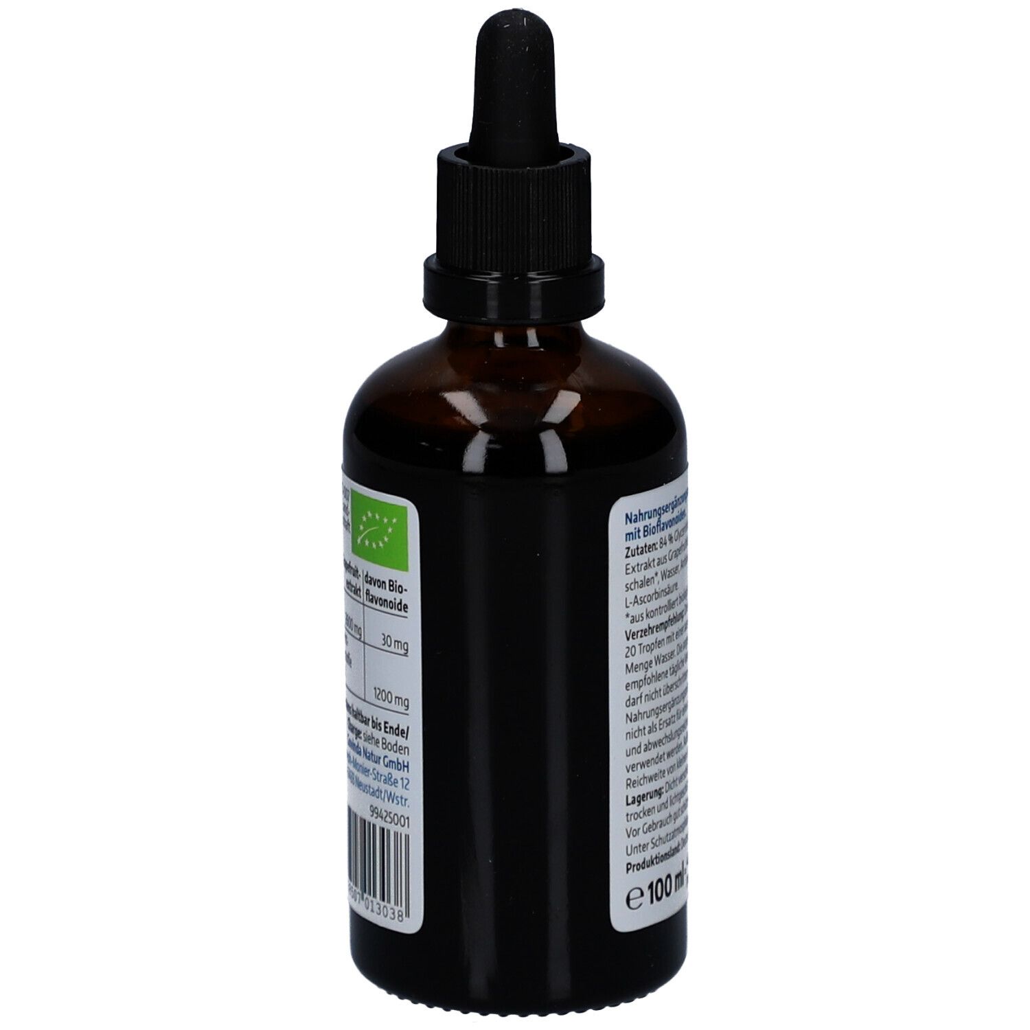 Braune Glasflasche mit schwarzem Deckel und Pipette. Rückseite mit Produktinformationen und Bio-Siegel.