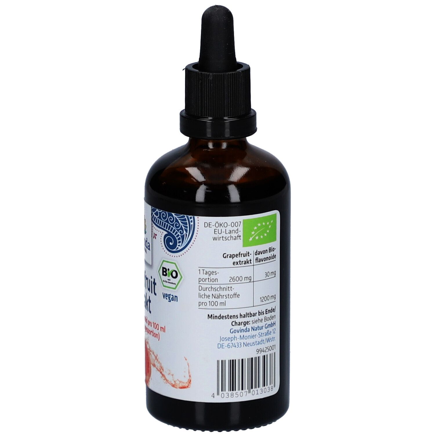 Braune Glasflasche mit schwarzem Deckel und Pipette. Etikett mit Produktname, Bio-Siegel und EU-Öko-Logo.