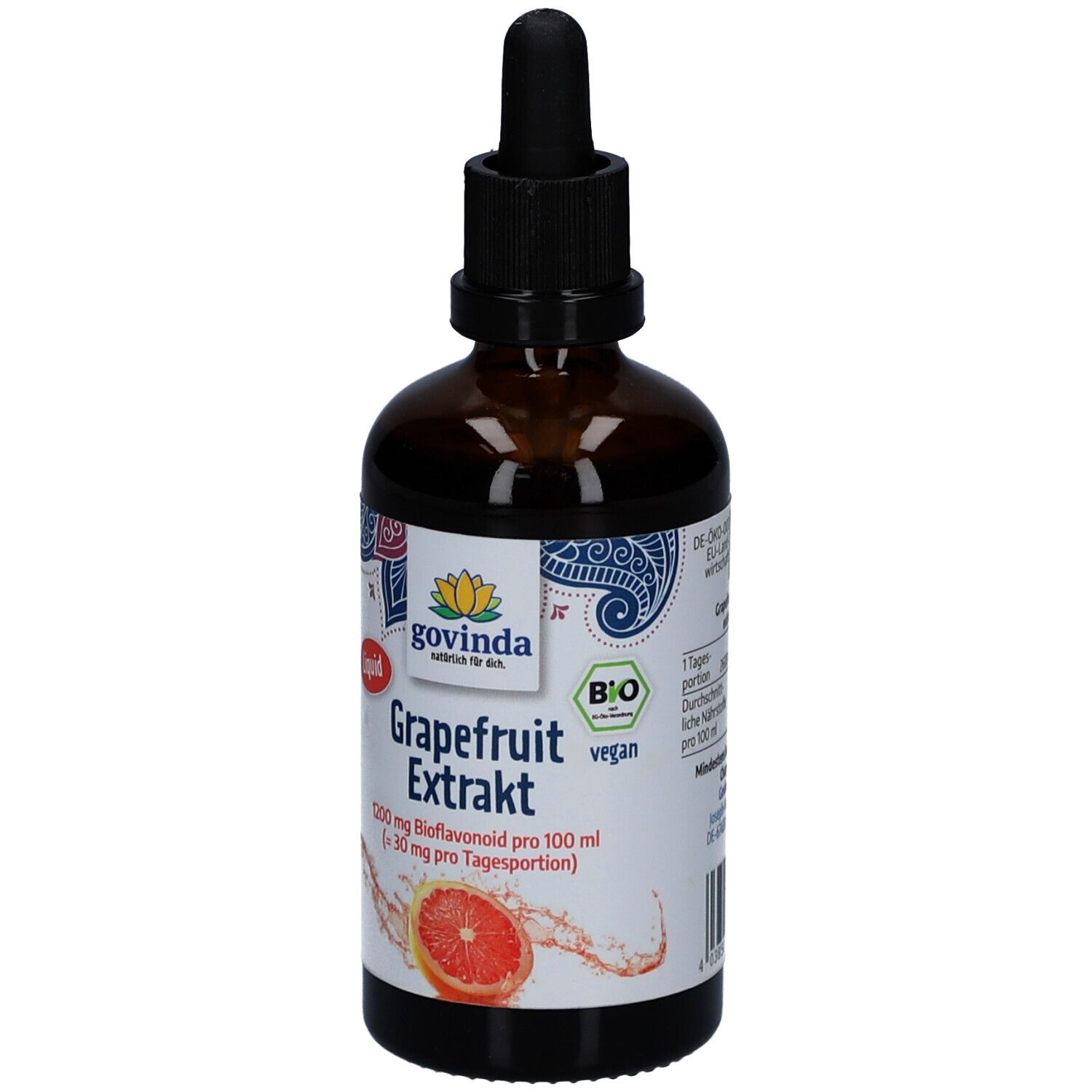 Braune Glasflasche mit schwarzem Deckel und Pipette. Etikett mit Produktname, Bio-Siegel und Grapefruit-Abbildung.