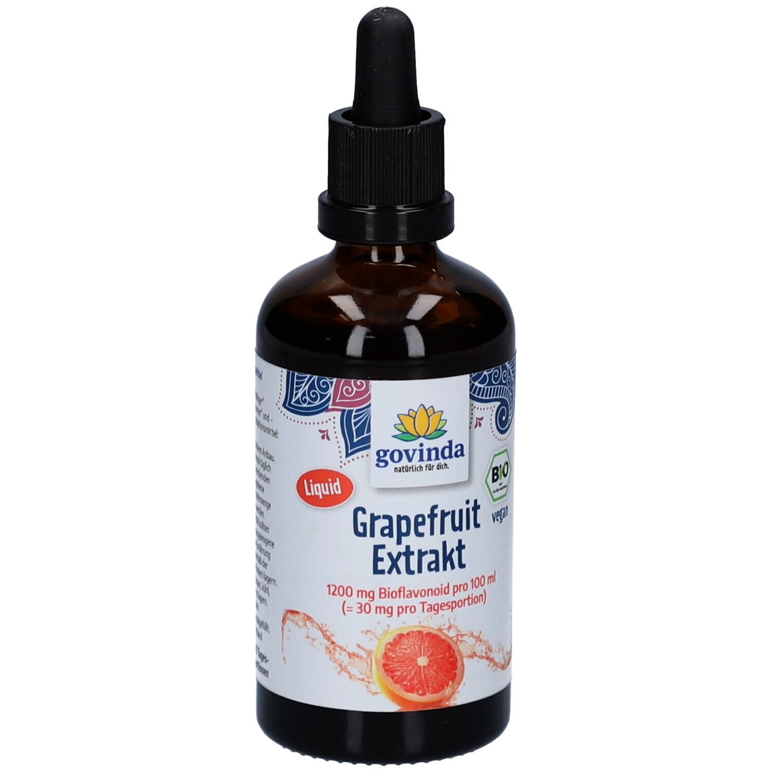Braune Glasflasche mit schwarzem Deckel und Pipette. Etikett mit Produktname, Bio-Siegel und Grapefruit-Abbildung.