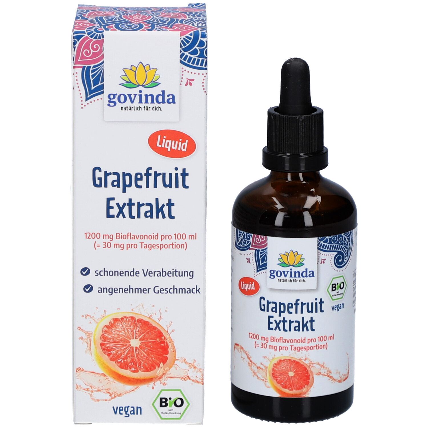 Produktflasche und Verpackung. Braune Flasche mit Pipette, daneben Karton mit Produktname, Bio-Siegel und Grapefruit.