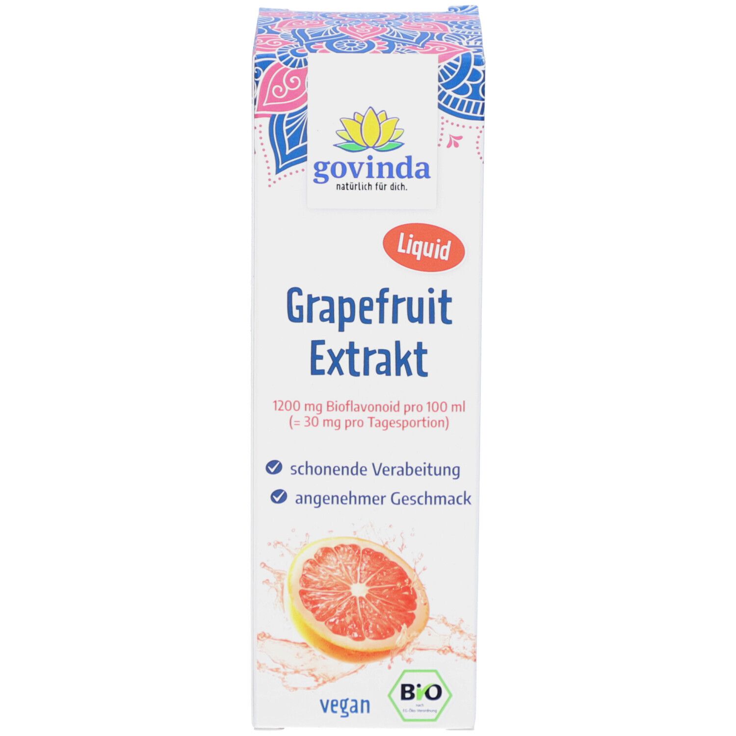 Produktverpackung. Karton mit Produktname, Bio-Siegel und Grapefruit-Abbildung.