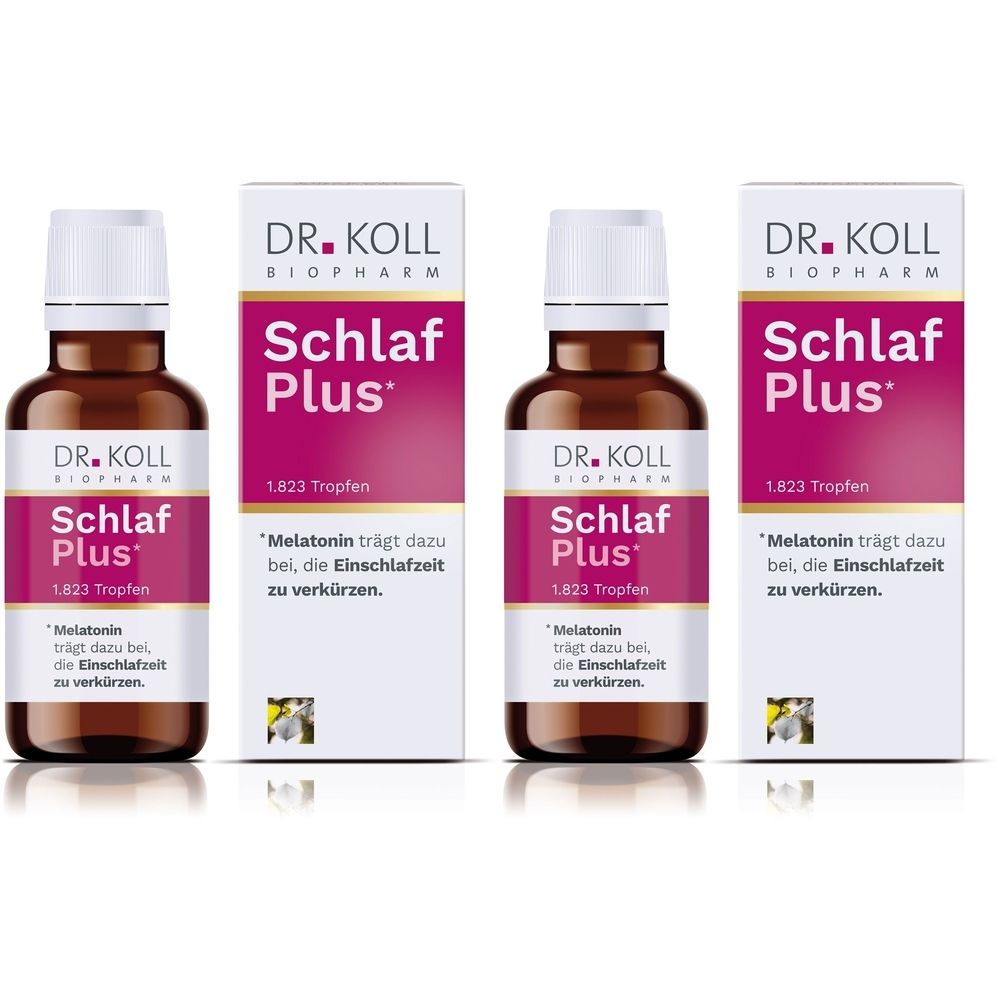Drei Flaschen und drei Schachteln von DR. KOLL Schlaf Plus. Braune Flaschen mit weißem Deckel, weiße Schachteln mit pinkfarbenem Text.