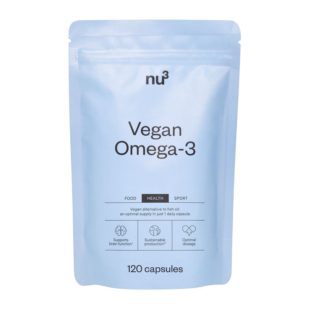 Hellblaue Beutel mit "nu3 Vegan Omega-3". 120 Kapseln. Aufschrift: Food, Health, Sport. Vegan Alternative zu Fischöl.