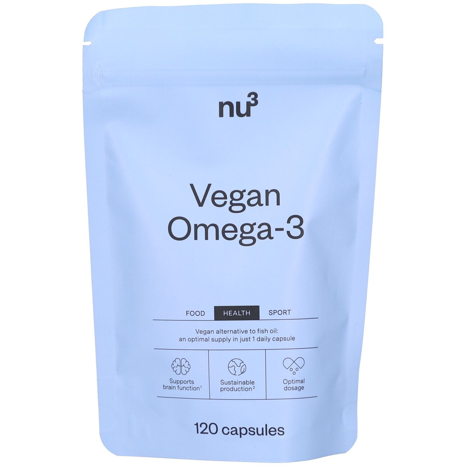 Hellblaue Beutel mit Aufschrift Vegan Omega-3. Enthält 120 Kapseln. Aufschrift: Food, Health, Sport. Vegan alternative.